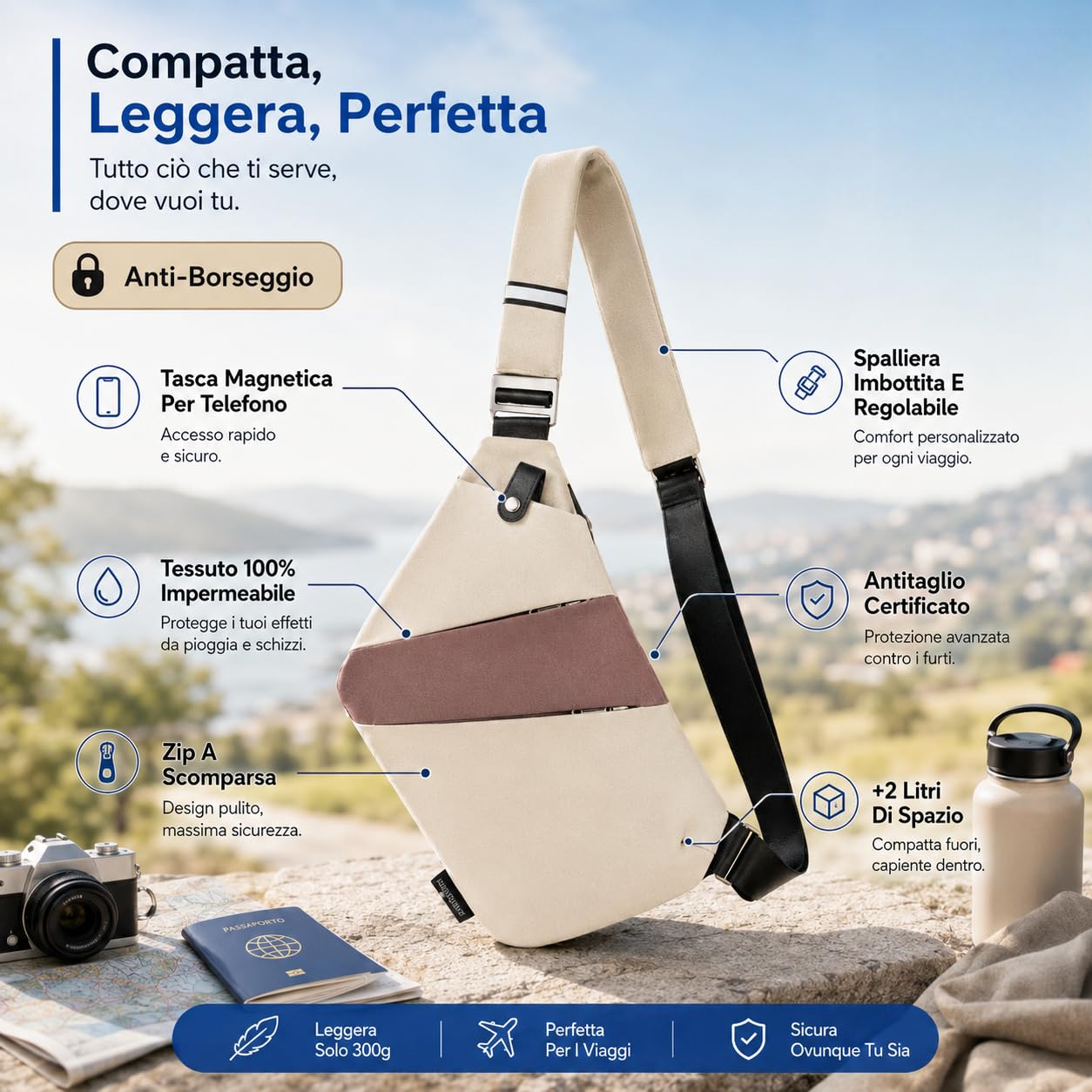 La Compatta Borsa Antifurto a Tracolla da Uomo Compatta Leggera e Resistente con Tasche Interne per Turismo Ufficio e Mezzi Pubblici