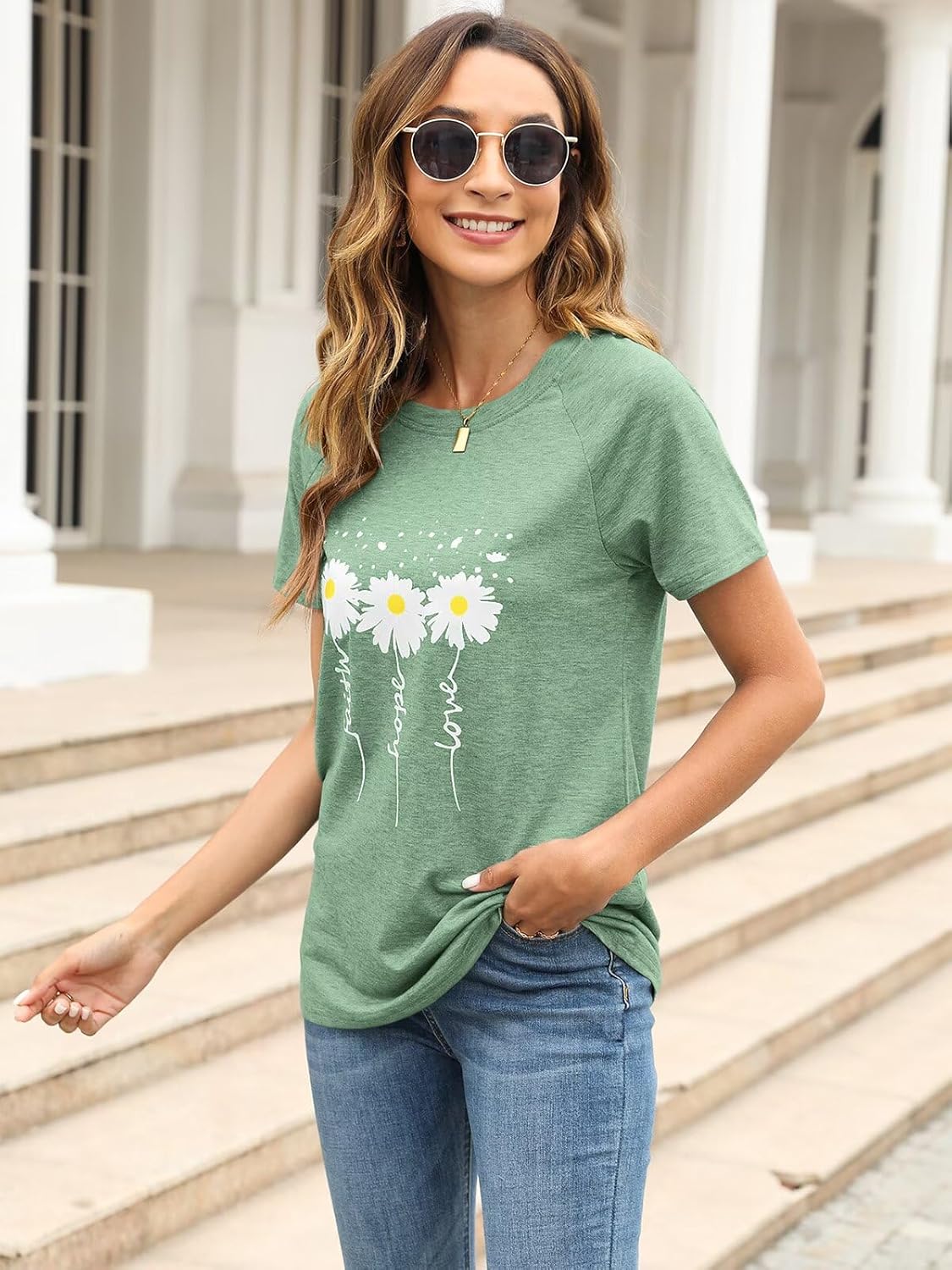 EADINVE Women Crewneck Daisy Print Short Sleeve T-Shirts Summer Faith-Hope-Love Tees Loose Fit Graphic Tops 2026 - Image 2