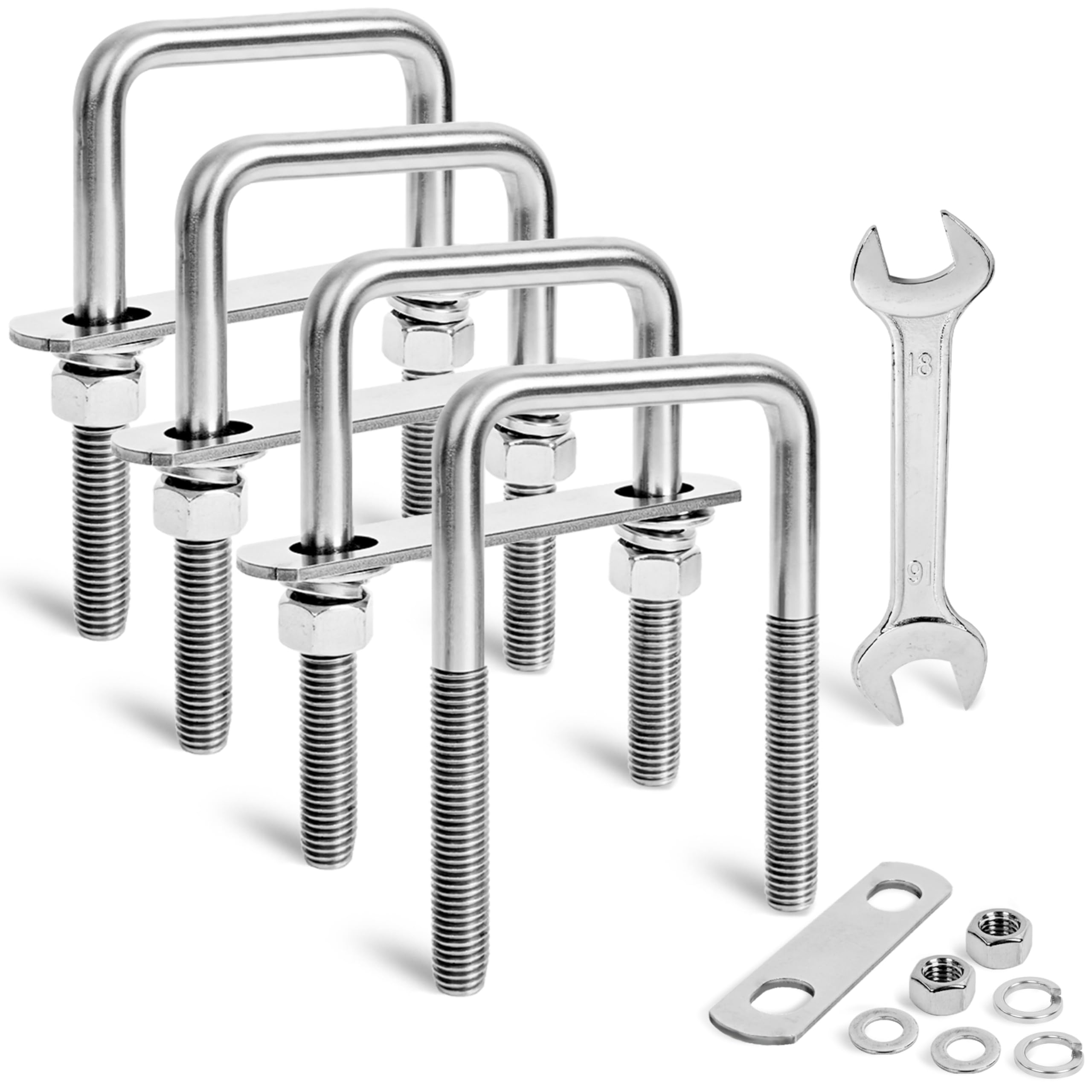 SRZTXU 4 Sets Heavy Duty Square u Bolts M12 Thread Size,304 Stainless Steel u-Bolts 3-1/16" W x 4-1/2" L,with Nuts,Bolt Plate and washers (4, M12 x 3-