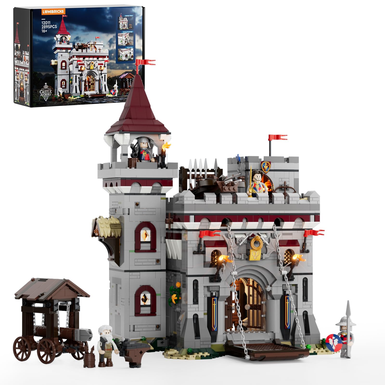 Lumibricks Medieval Castle Armory Building Kit, 2895pcs with 11 LED Lights, Movable Drawbridge & Gate, Siege Weapons, 4 Minifigures, Expandable Medieval Series, Gift & Display Set for Adults