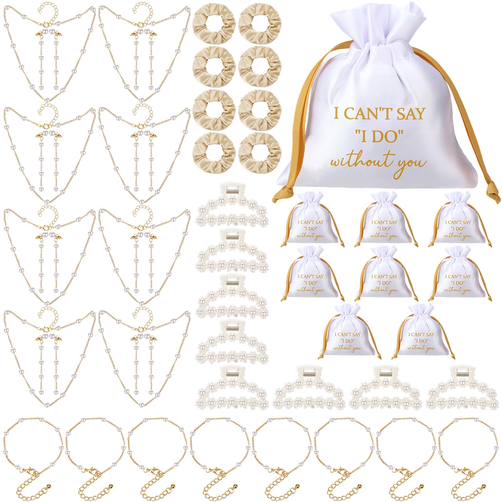 Fingertip WD 48 Pcs Bridesmaid Proposal Gift Jewelry Pouch Including Bridesmaid Bridal Scrunchies Pearl Hair Claw Clips Pearl Necklace Bracelet Earrings Suitable for Wedding
