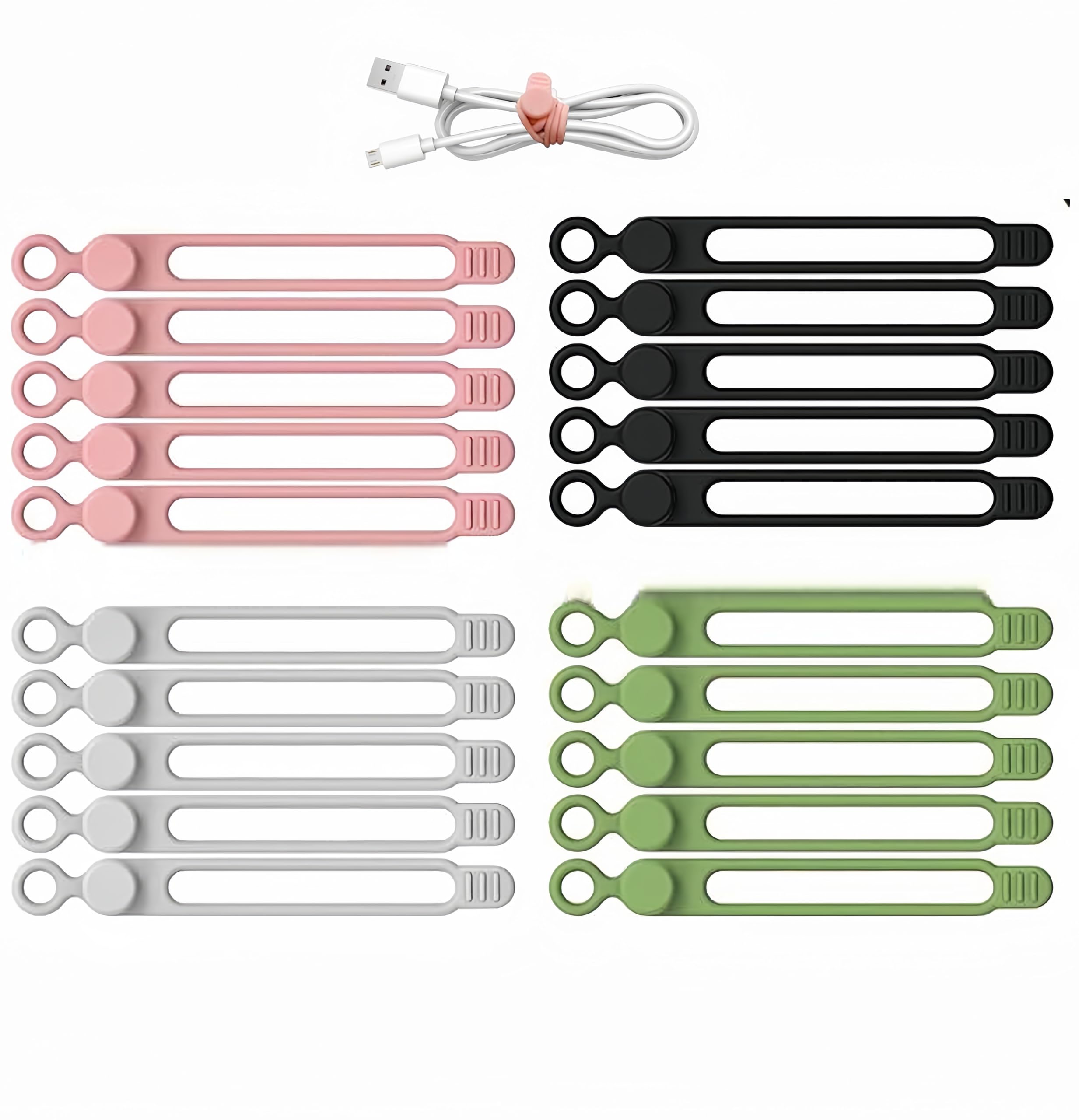 YUYUDEHM 20pcs Silicone Cable Ties, Reusable Cable Management Organizer, Button-Type Design, Black, White, Pink, Green