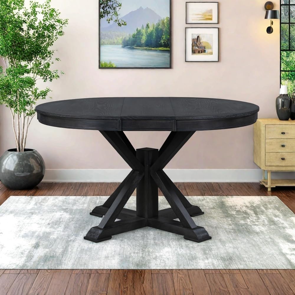 dining table for 4-6, extendable round kitchen table with removable leaf and pedestal base, solid wood farmhouse dinner tables, 42"-54" l x 54" w x 30" h, espresso