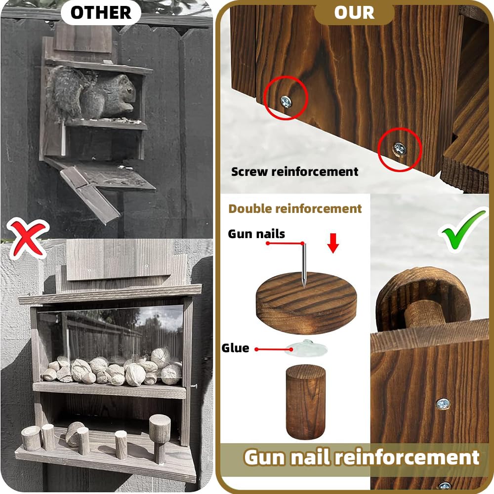 NAVESO Comedero de madera para ardillas, caja de anidación para maíz, cacahuetes, comedero de ardillas solo para ardillas, caja de casa de ardillas para jardín exterior, patio, decoración de porche