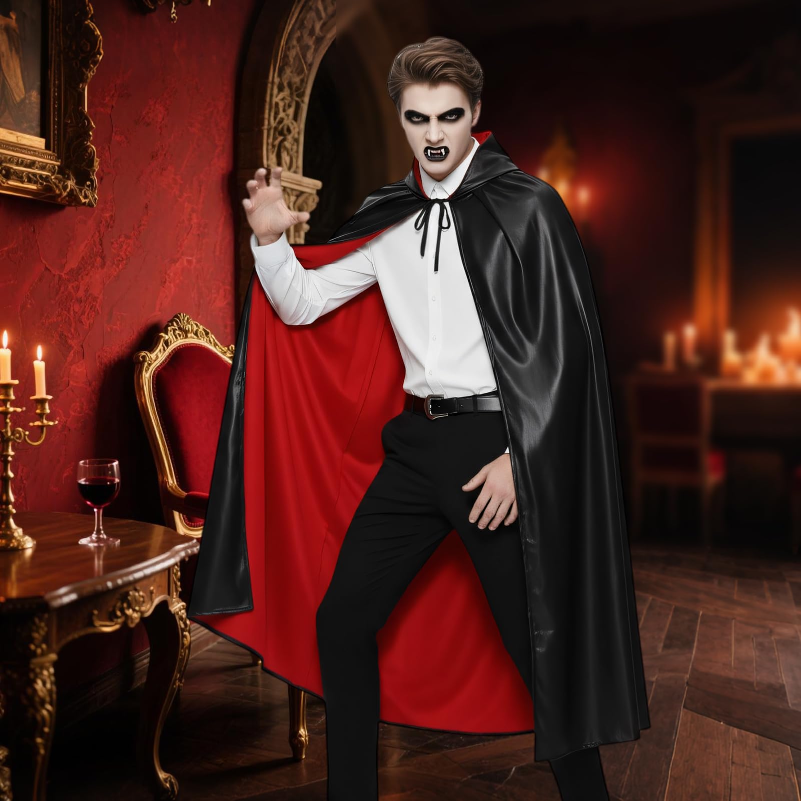 Peleryny wampirów na Halloween, dla dorosłych, płaszcz wampira, dla kobiet, mężczyzn, unisex, odwracalna bluza z kapturem z wampirami, sztuczne zęby, kostiumy czarownicy na Halloween, fantazyjny