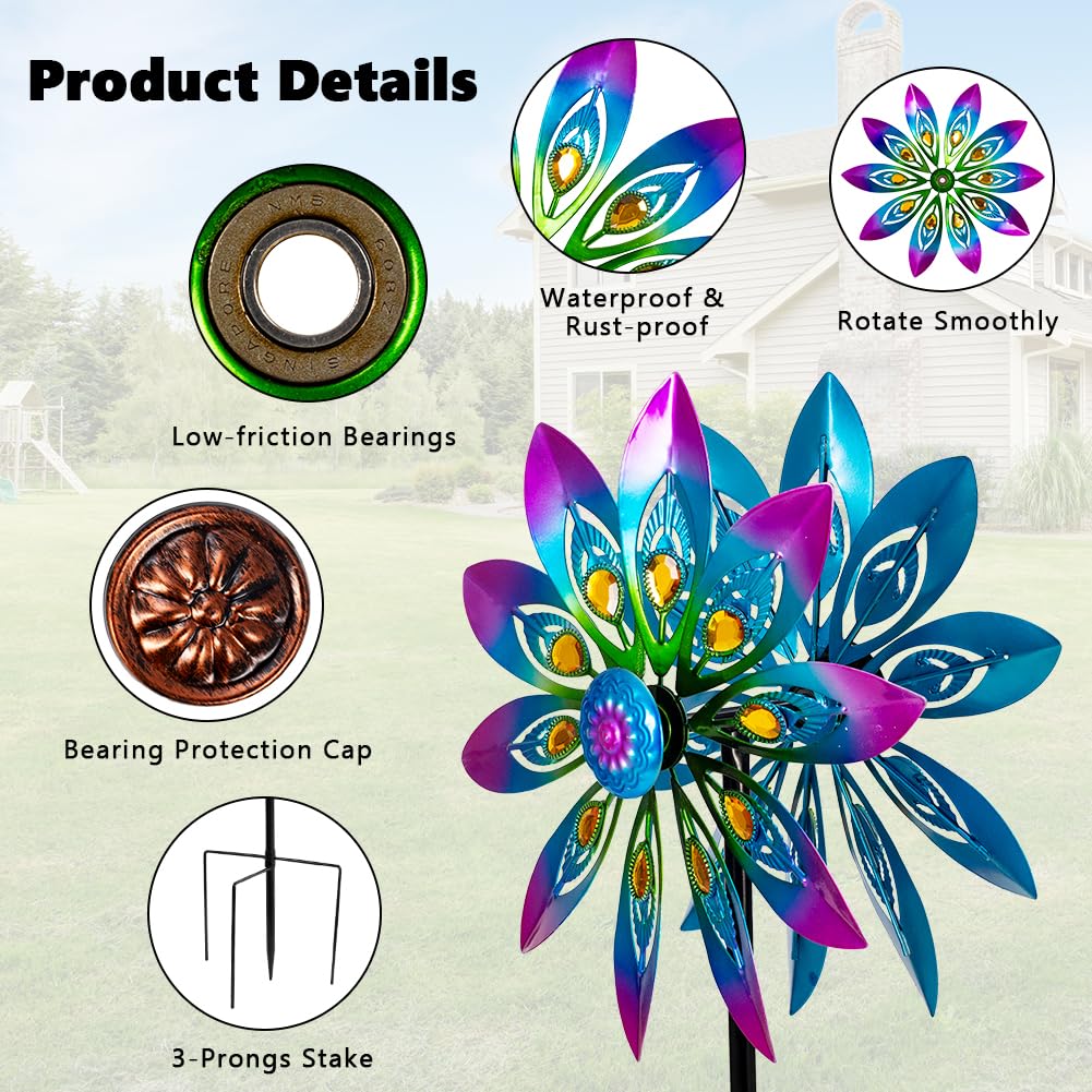 Molinillo de Viento de Metal, molinillos de Viento de 13 Pulgadas para Exteriores, Molino de Viento de Pavo Real con estaca, molinillos cinéticos para Patio y jardín, esculturas de Viento
