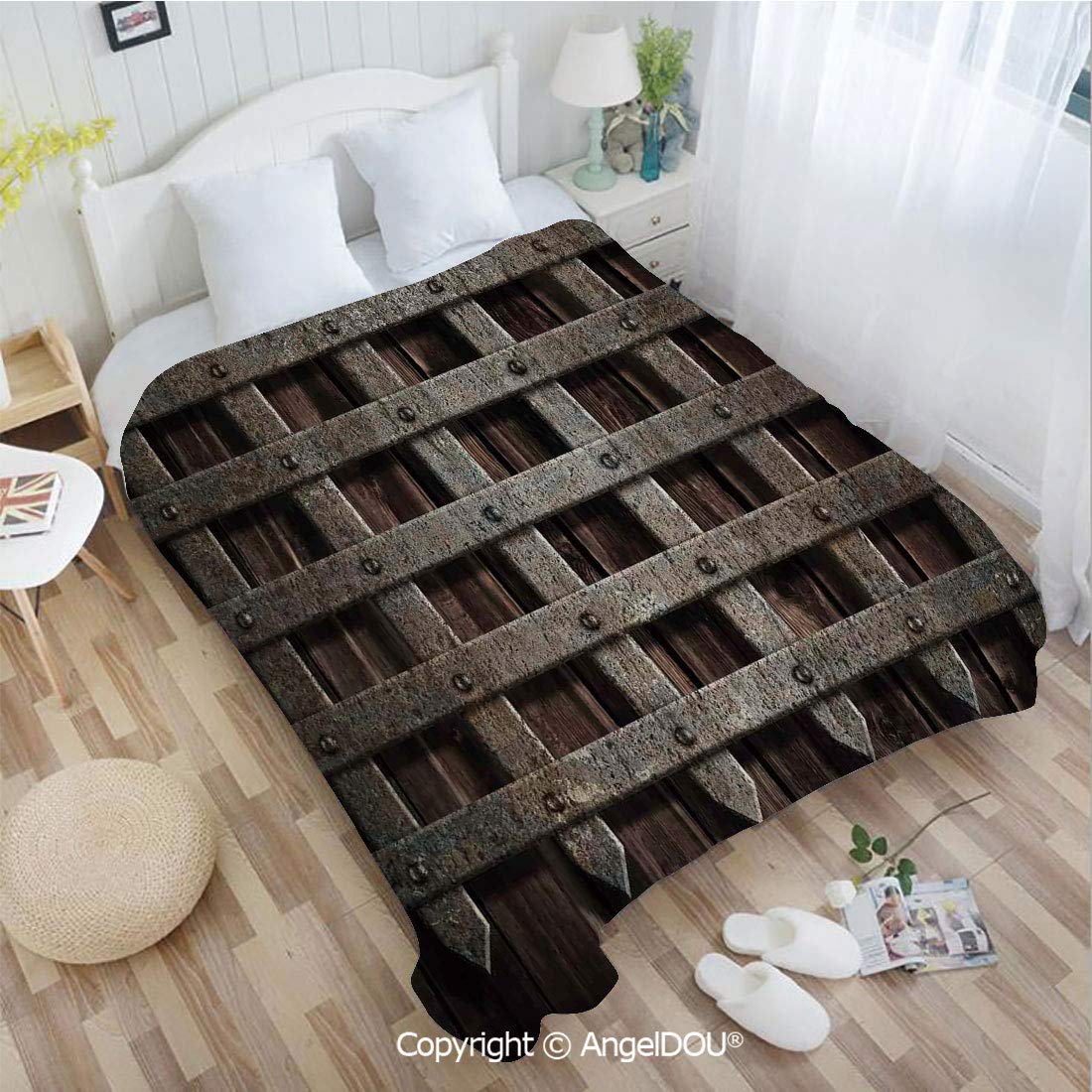 AngelDOU Super Soft Warm Flannel Blanket W72 xL86 Medieval Wooden Castle Wall and Metal Gate Greek Style Mid Century Design Art Print Couch Bedroom Throw Blanket.