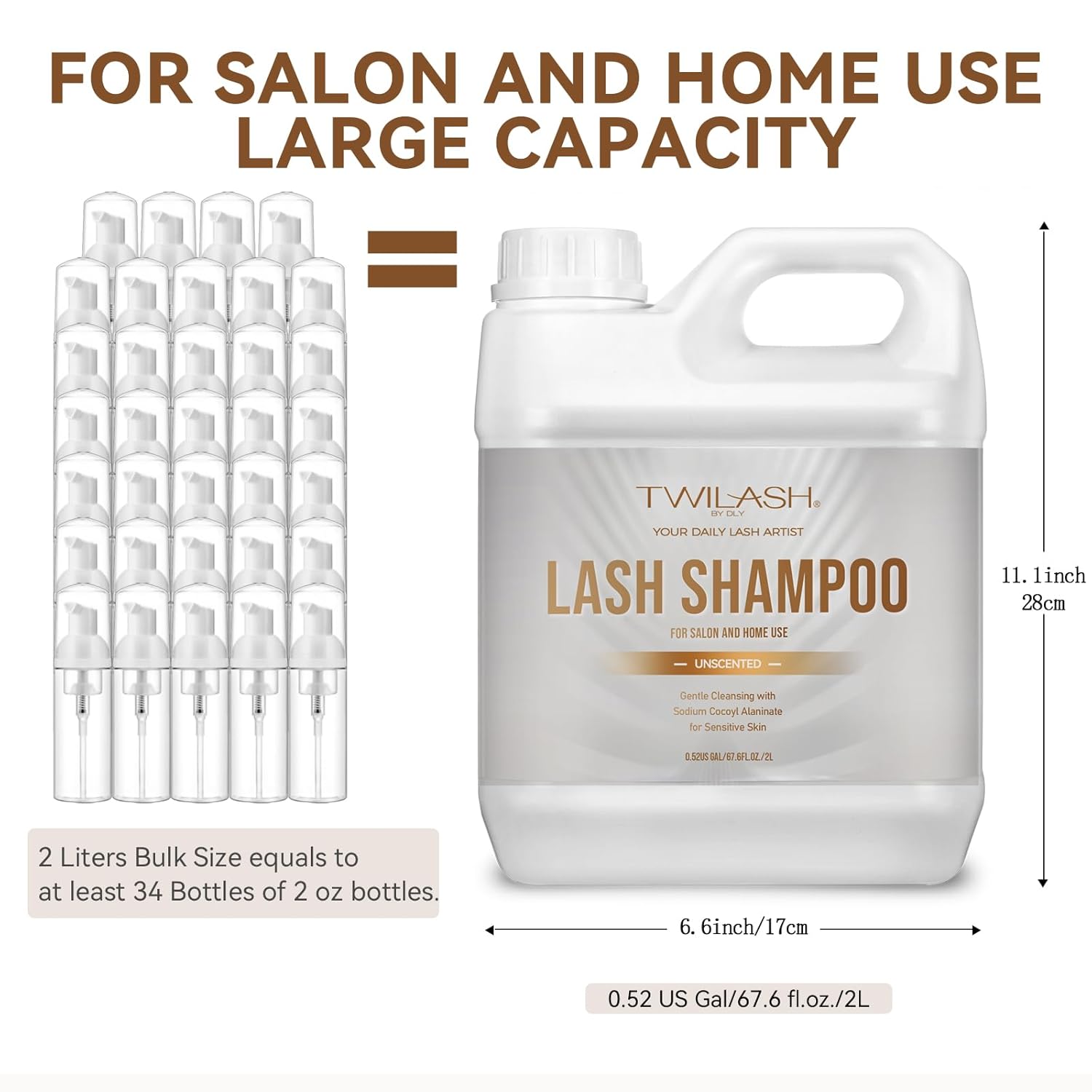 Lash Shampoo Bulk 2 Liters, Eyelash Cleanser for Extensions, Gentle Sodium Cocoyl Alaninate Formula for Sensitive Skin, Non-Irritating Makeup Remover, Best for Salon and Home Use (2L)