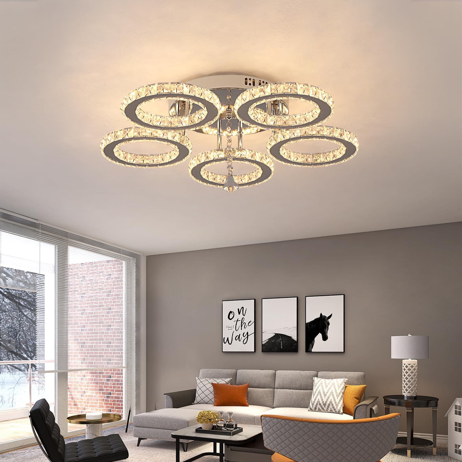 VETRULUS Moderne Kristall-LED-Deckenleuchte – Dimmbare halbflächenbündige Kristall-Lüster für Wohnzimmer – 5-Ring-Deckenleuchte für Schlafzimmer, Küche, LED-Kronleuchter
