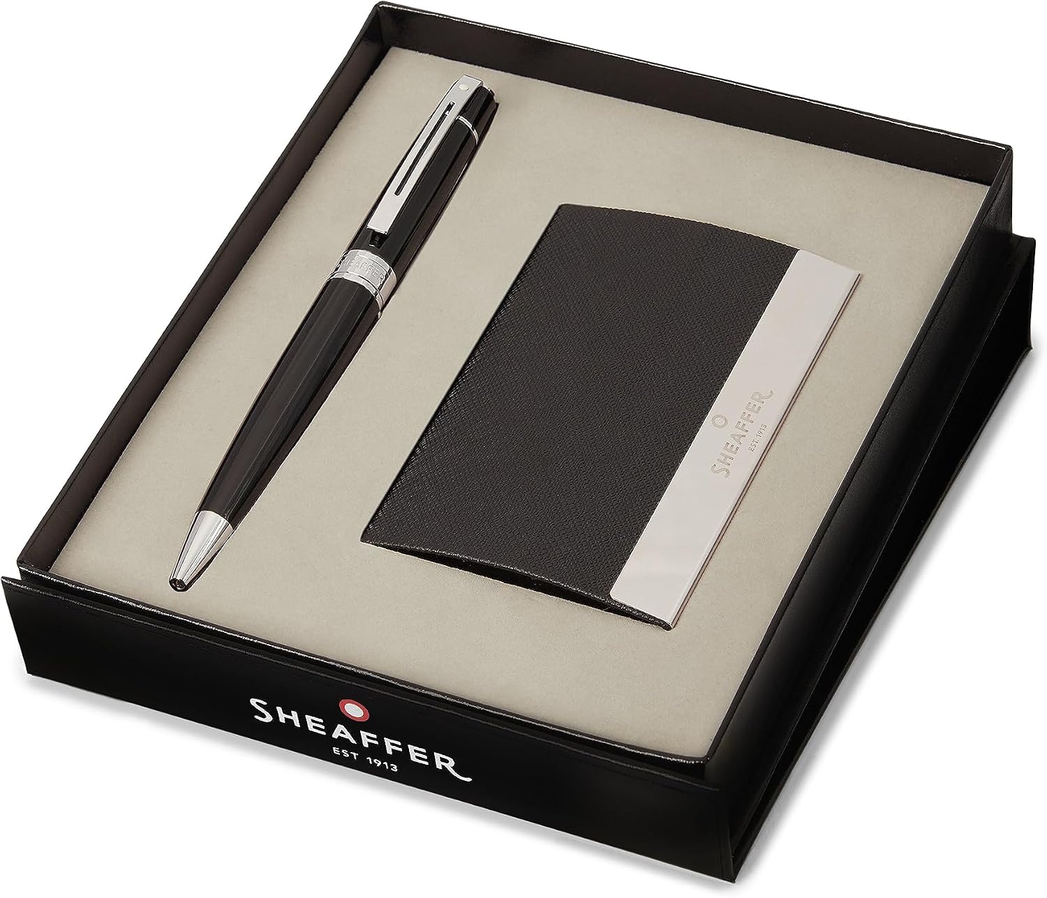 Sheaffer Gift Set 300 Glossy Black Barrel Brushed Chrome Ballpoint Pen With Business Card Holder