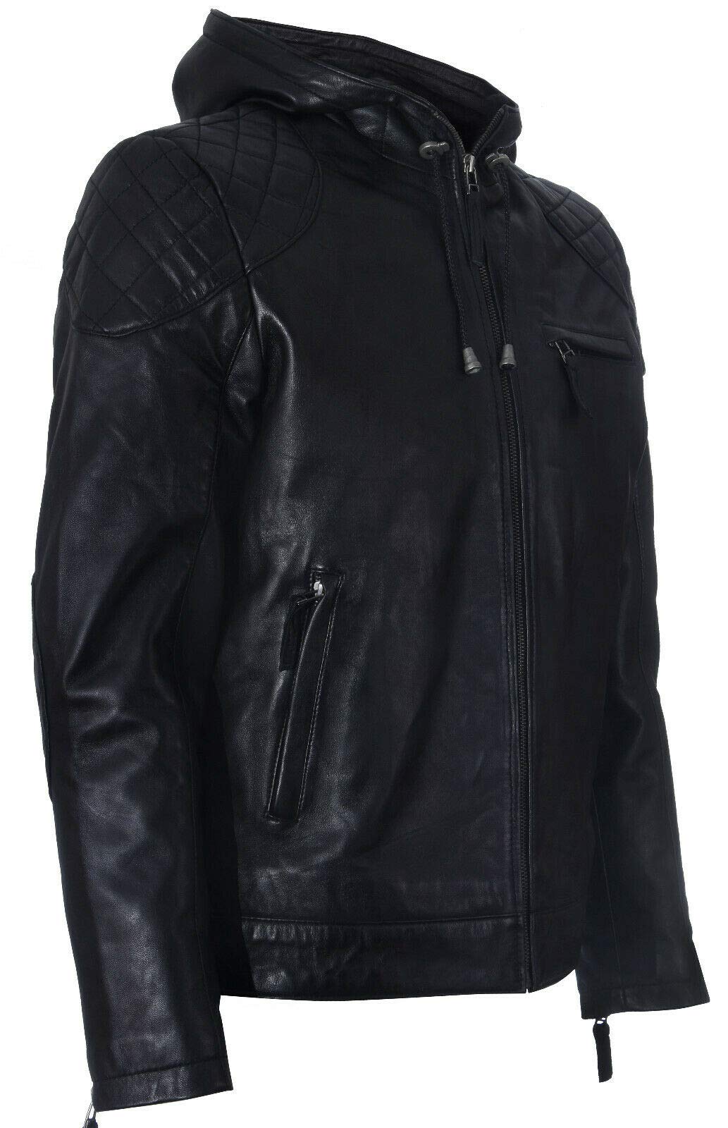 Infinity Leather Chaqueta Estilo Motera con Capucha y Cremallera 100% de Cuero Para Hombre