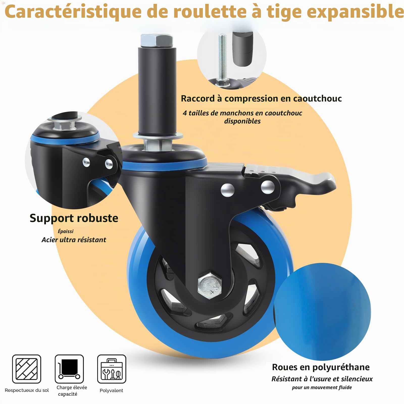 Roulettes pour meubles 100mm à tige extensible avec frein,adaptées aux tubes Ø23/28/34/40mm, capacité 500 kg pour chariot et tables inox pivotantes, bleues, lot de 4