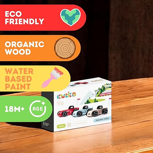 Vista 7 de CUBIKA Wooden Racing Cars Set – Montessori Toy for Toddlers Ages 18 Months+ – 3-Pack Wooden Race Cars for Toddlers – FSC-Certified Wood, German