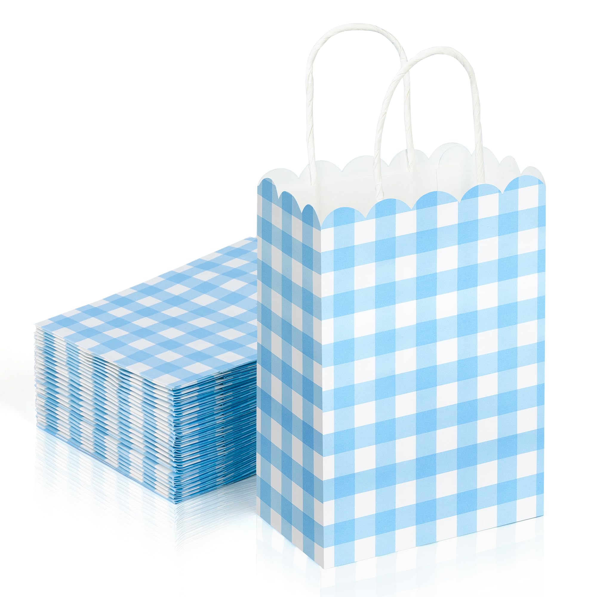 Houuqe 36 Pcs Gingham Party Supplies Blue Gift Bag with Handles Scalloped Blue and White Plaid Paper Candy Bags Double Side Kraft Paper Goodie Bags