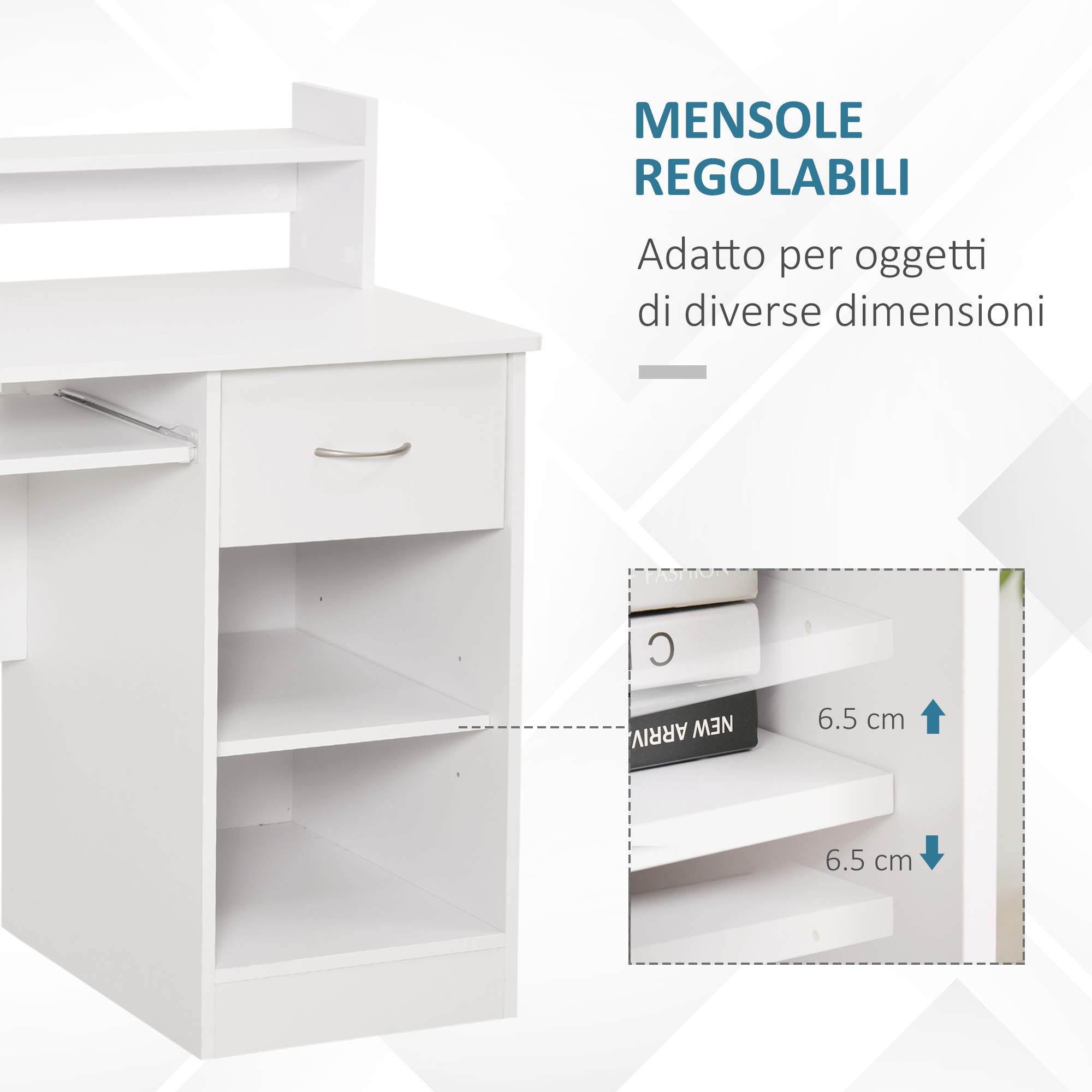 HOMCOM Scrivania per Computer Compatta, Scrivania PC Fisso in Legno Bianco con Ripiano Tastiera Estraibile e Mensole 104x48x95.5cm