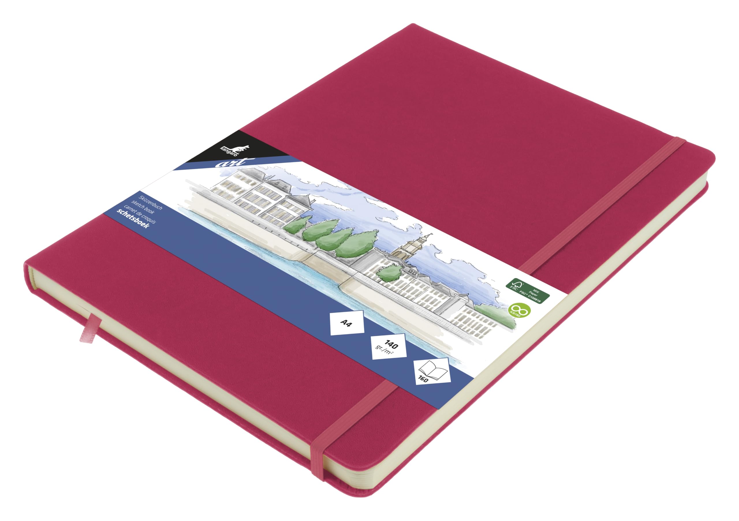 Kangaro - Sketchbook A4 Hardcover 80 Sheets 140g Cream Paper with Elastic Band and Ribbon