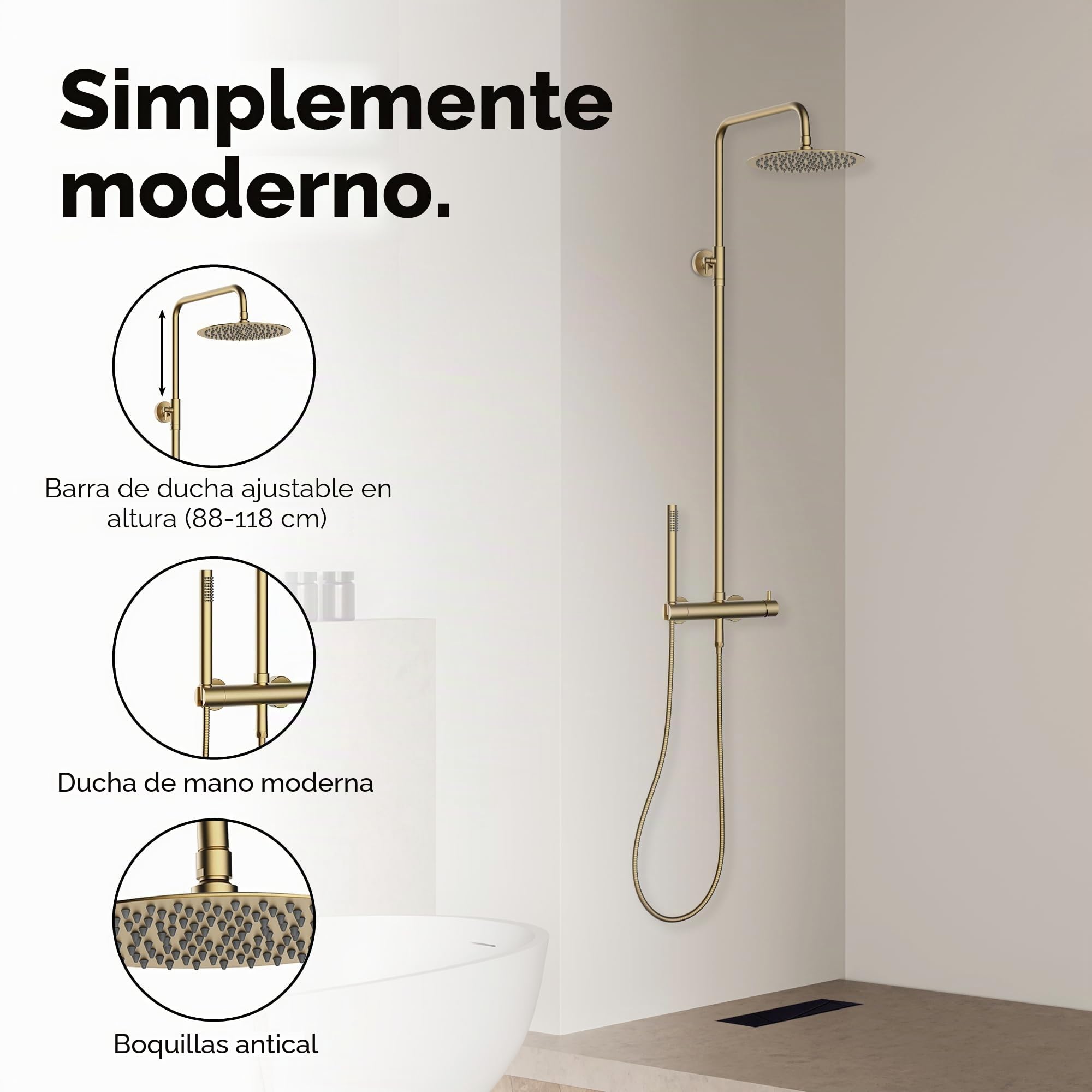 Marwell Juego de ducha Classico Gold 88-118x20 cm - Barra de ducha ajustable - Ducha de lluvia - Alcachofa de mano con manguera