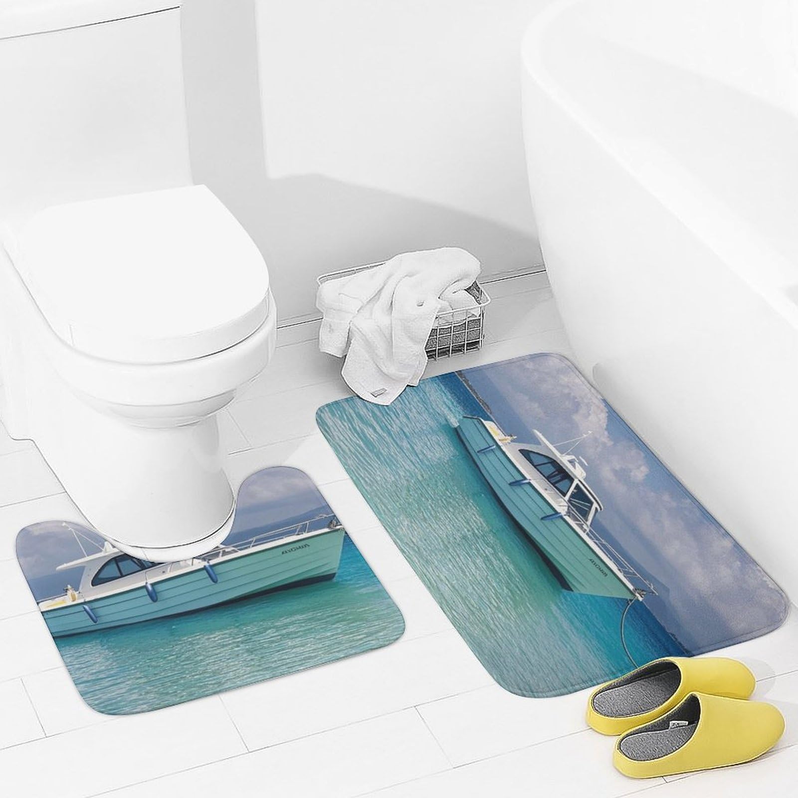 Tapis de bain antidérapant et tapis de toilette en forme de U bleu et blanc