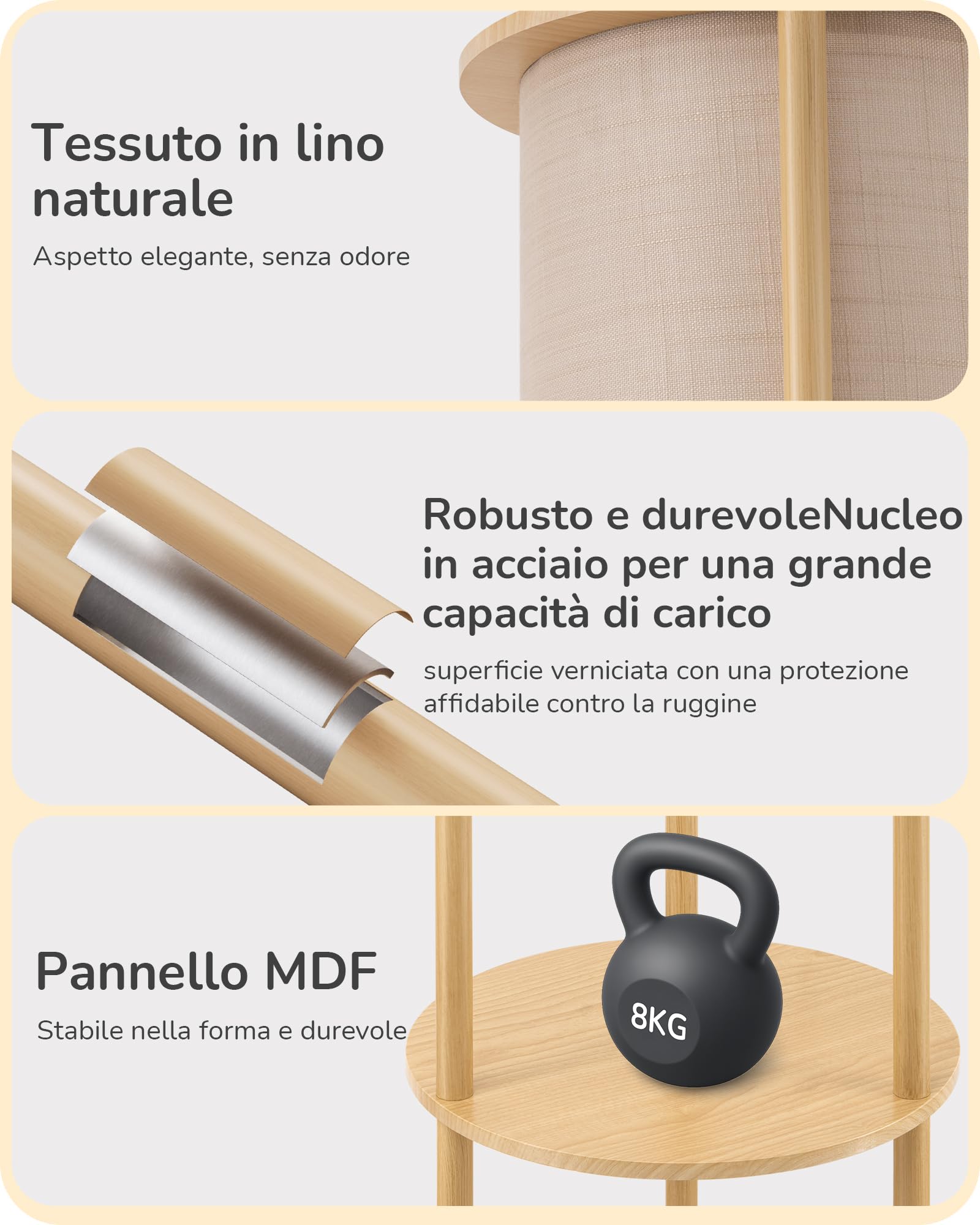 EDISHINE Lampada da Terra con Mensole, Paralume in Lino e Struttura in Metallo Effetto Legno, Attacco E27, Lampada LED con 3 Ripiani Rotondi per Soggiorno, Camera da Letto, Inclusa LED 9W 2700K