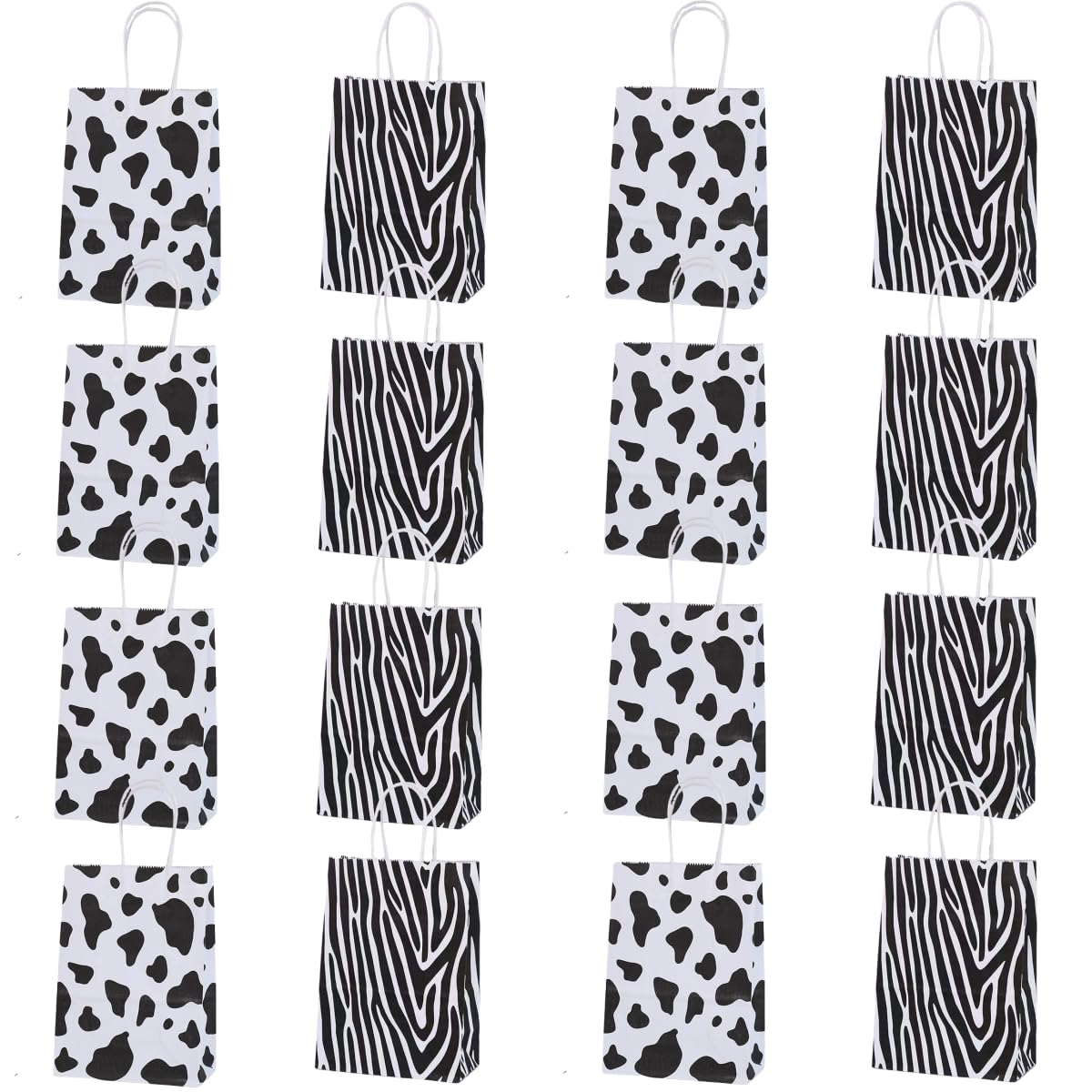 16 Packs Zebra Print Gift Bags with Handles, 21x15x8 cm Cow Print Gift Bags with Twist Handles for Kids or Adults in Birthday party, Weddings, Events or Shopping (zebra+cow) — image 1