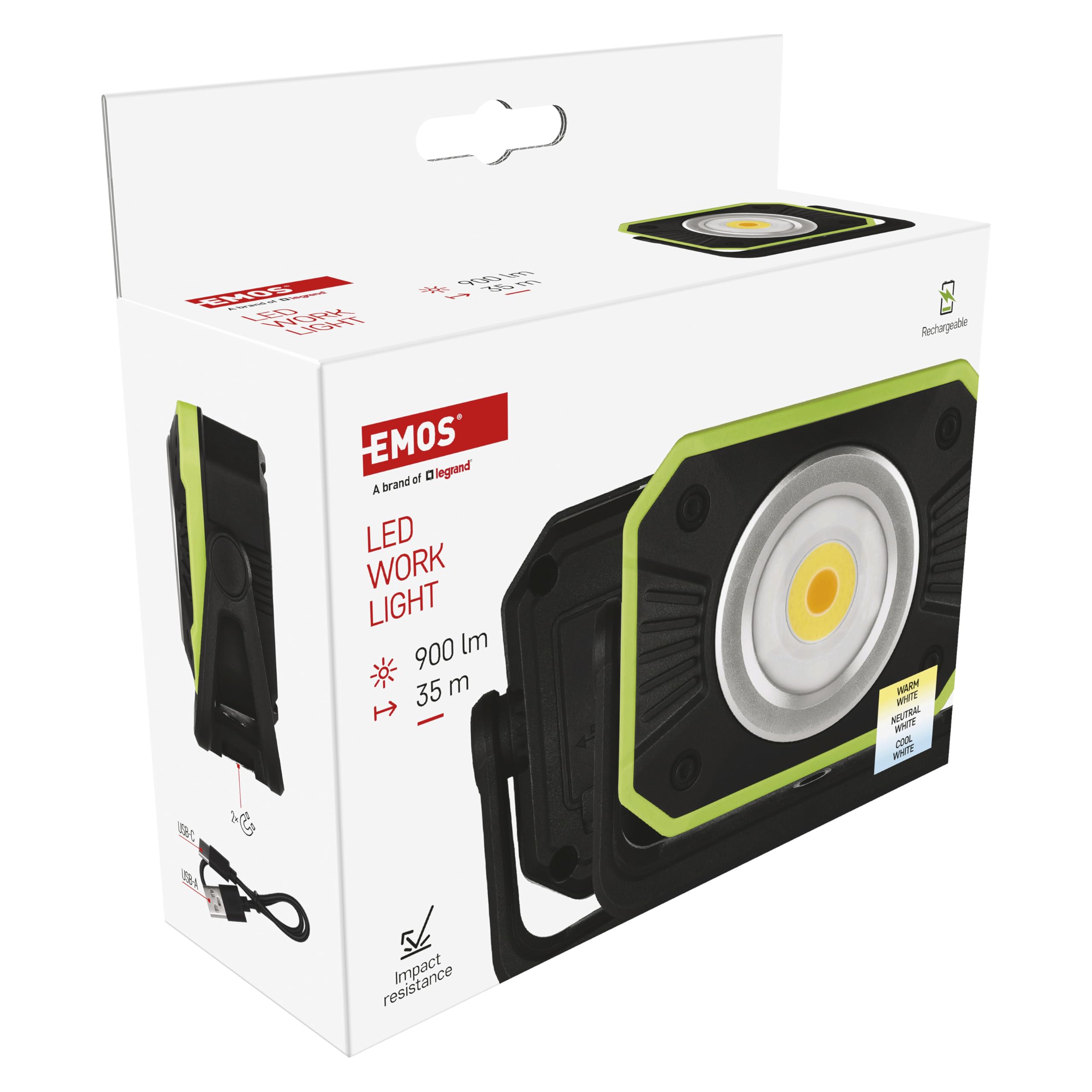 EMOS Mini foco LED recargable de camping con 16 modos y banco de energía, cambio de color de la luz, brillo máximo 900 lm, alcance de 35 m, batería de 4400 mAh con hasta 12,5 h de duración, incluye