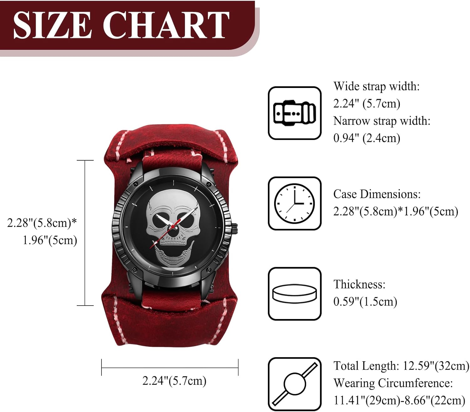 Avaner Men's Leather Strap Watches: Vintage Retro Wide Band Steam Punk Skull Oversized Analog Quartz Wrist Watch