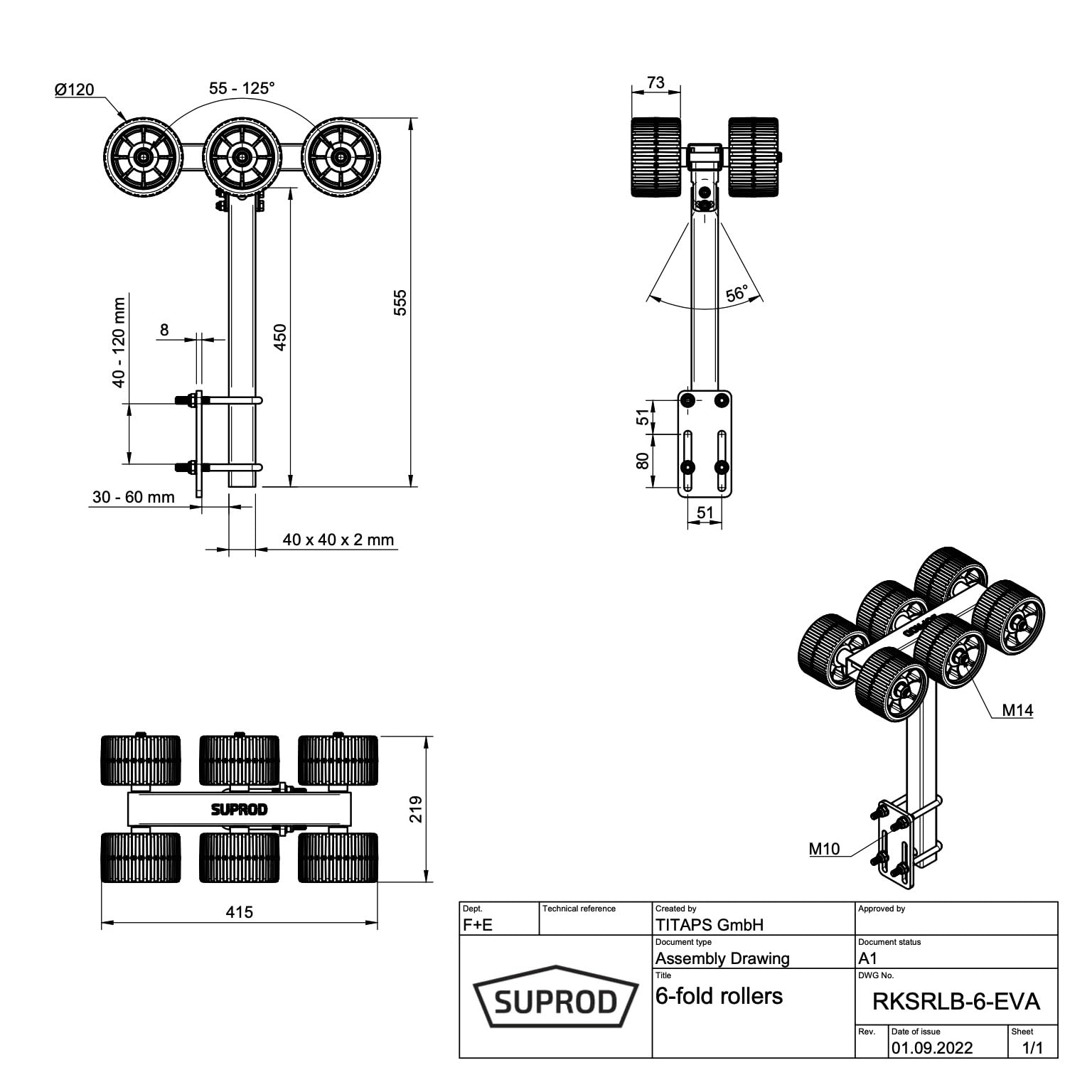 SUPROD 6er Sliprollen Slipwagen Sliphilfe Bootstrailer Eva-Reifen RKSRLB-6-EVA, Ø 120 mm