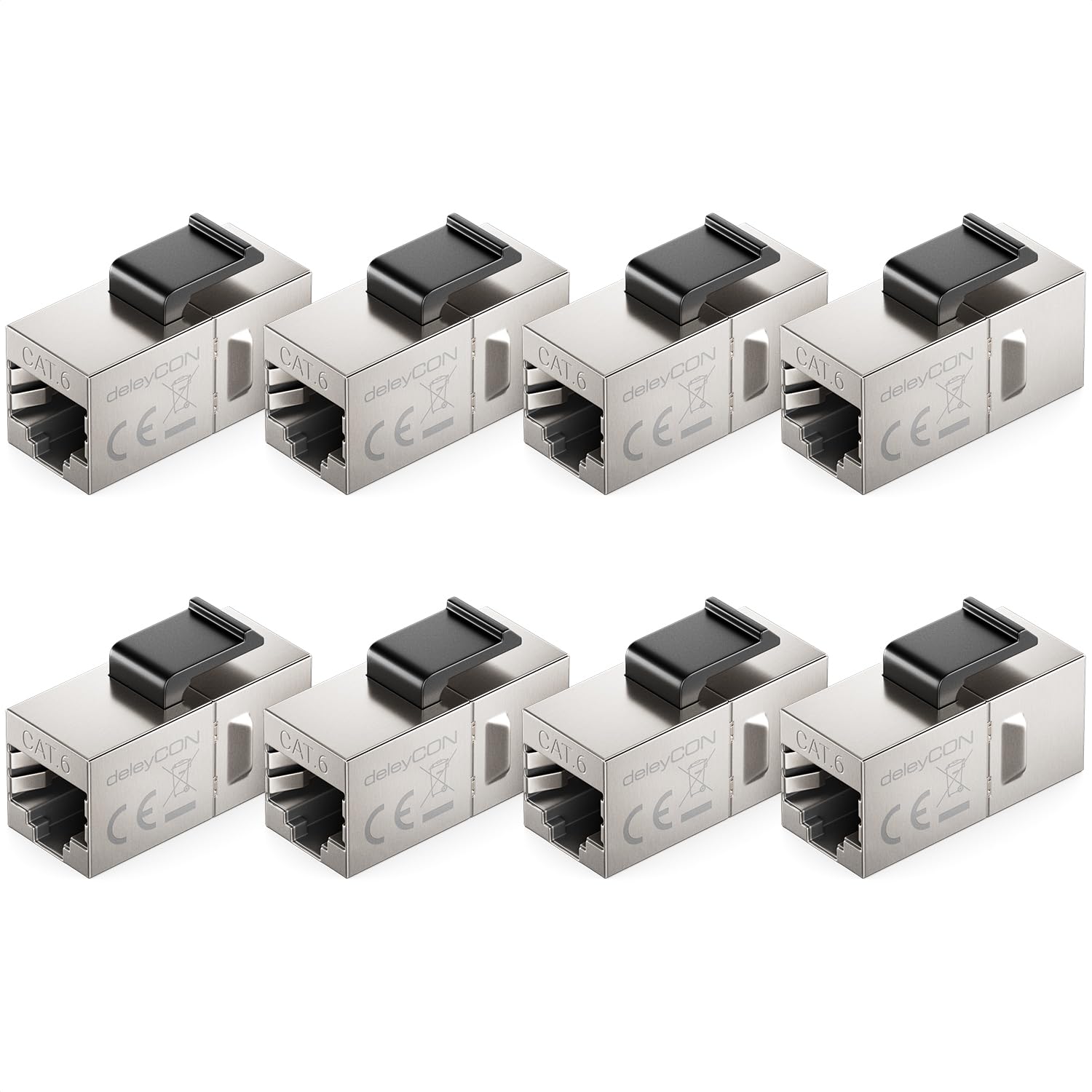 deleyCON Złączka Keystone RJ45 CAT6 (ZESTAW 8 Sztuk) - STP, Gniazdo na Gniazdo RJ45, 1 Gbit/s, 250 MHz, Złączka LAN 1:1, Niklowana Miedź - Srebro