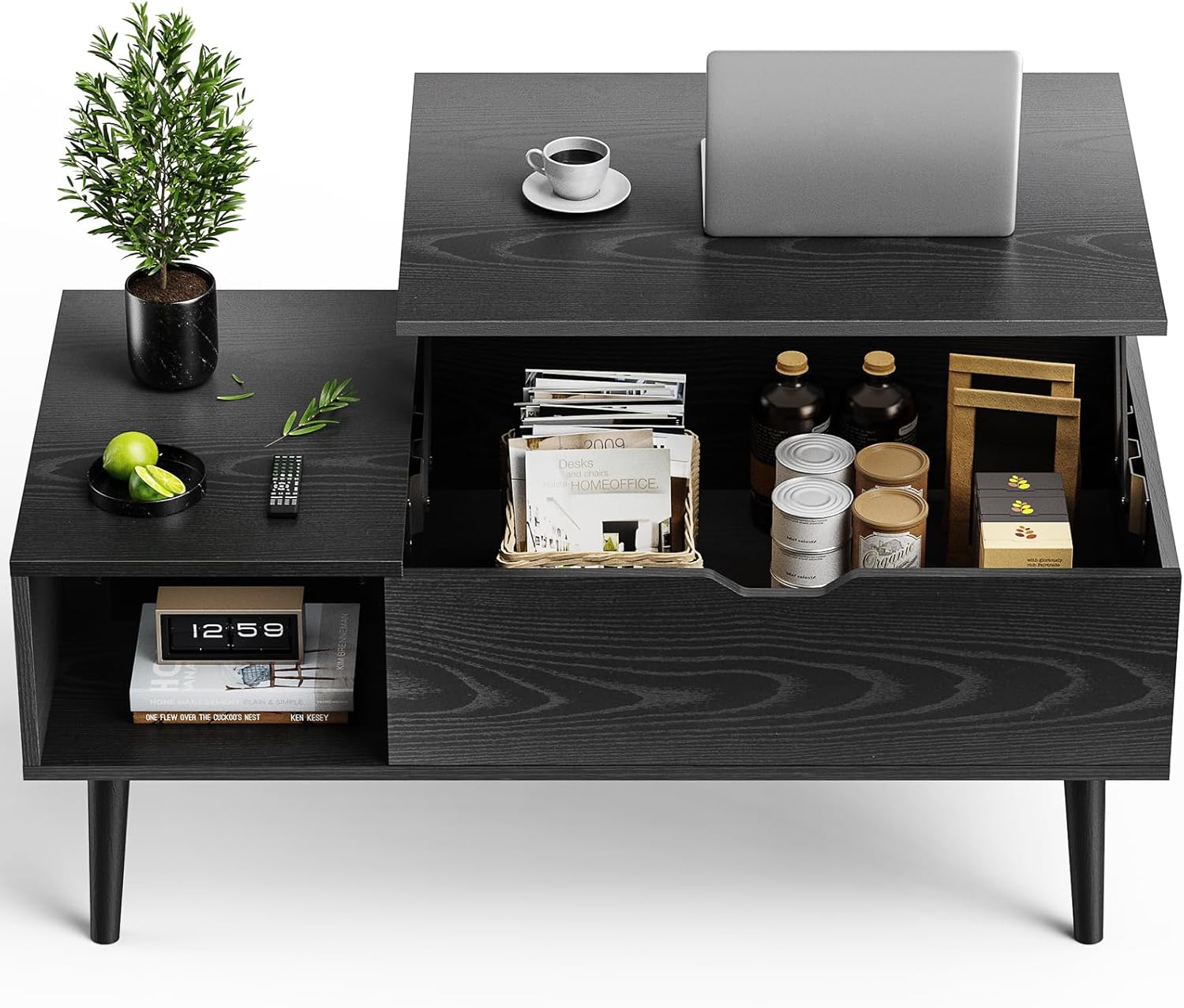 Wood Lift Top Coffee Table with Hidden Storage Compartment & Open Shelf, Multi-Functional Wooden Tabletop Dining Table for Living Room, Home Small Space