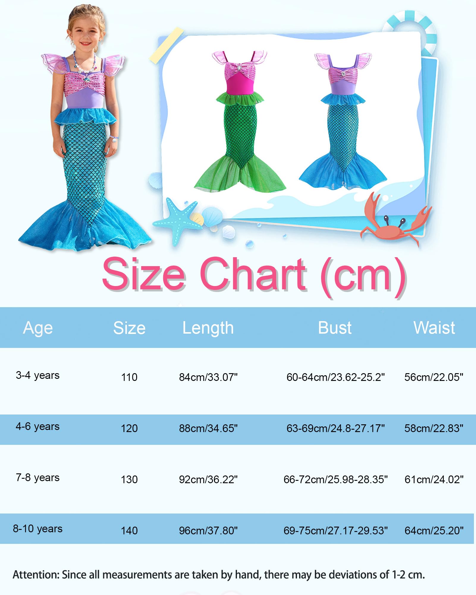 Costume da principessa sirena per bambine e ragazze, vestito glitterato con accessori, età 3-10 anni, per Natale, compleanno, giornata mondiale del libro, cosplay