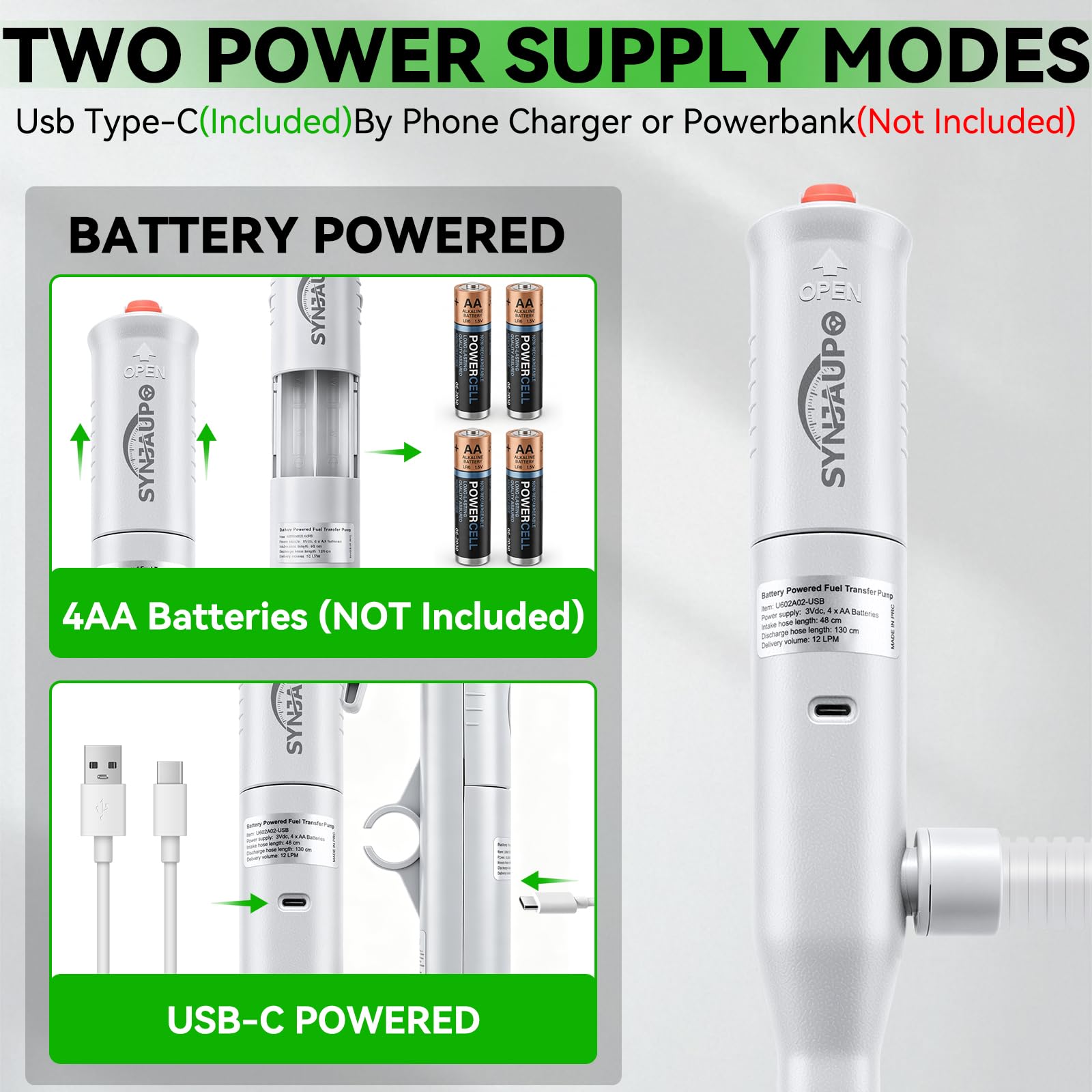 Pompa di Trasferimento Carburante Auto Arresto,12 L/min | Doppia Alimentazione USB-C/AA,Ingresso Olio da 28 mm,Cavo di ricarica USB,Pieghevole,Tubo da 130 cm,Regolazione,3,2 GPM