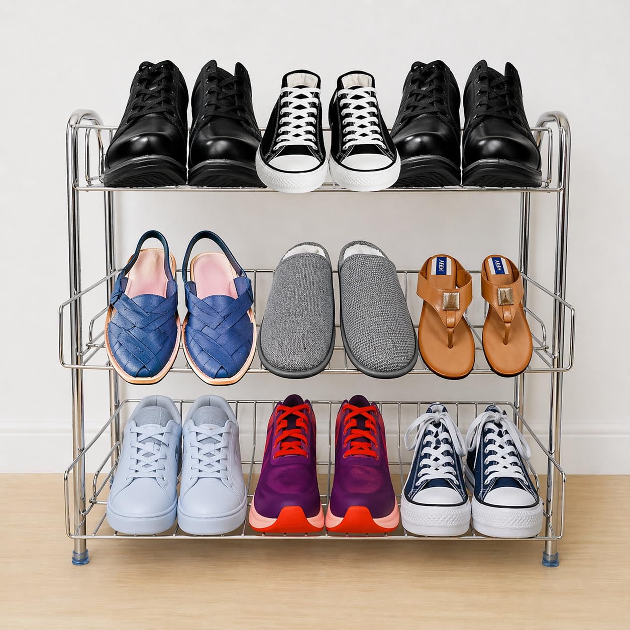 Stainless Steel 3 Layer Shoe Rack, Multipurpose Stainless Steel Organizer Shelf, Kitchen Counter Storage Solution for Pantry Items, Foldable Footwear Stand for Home, Bedroom, and Entryway 62x30x51-image-38