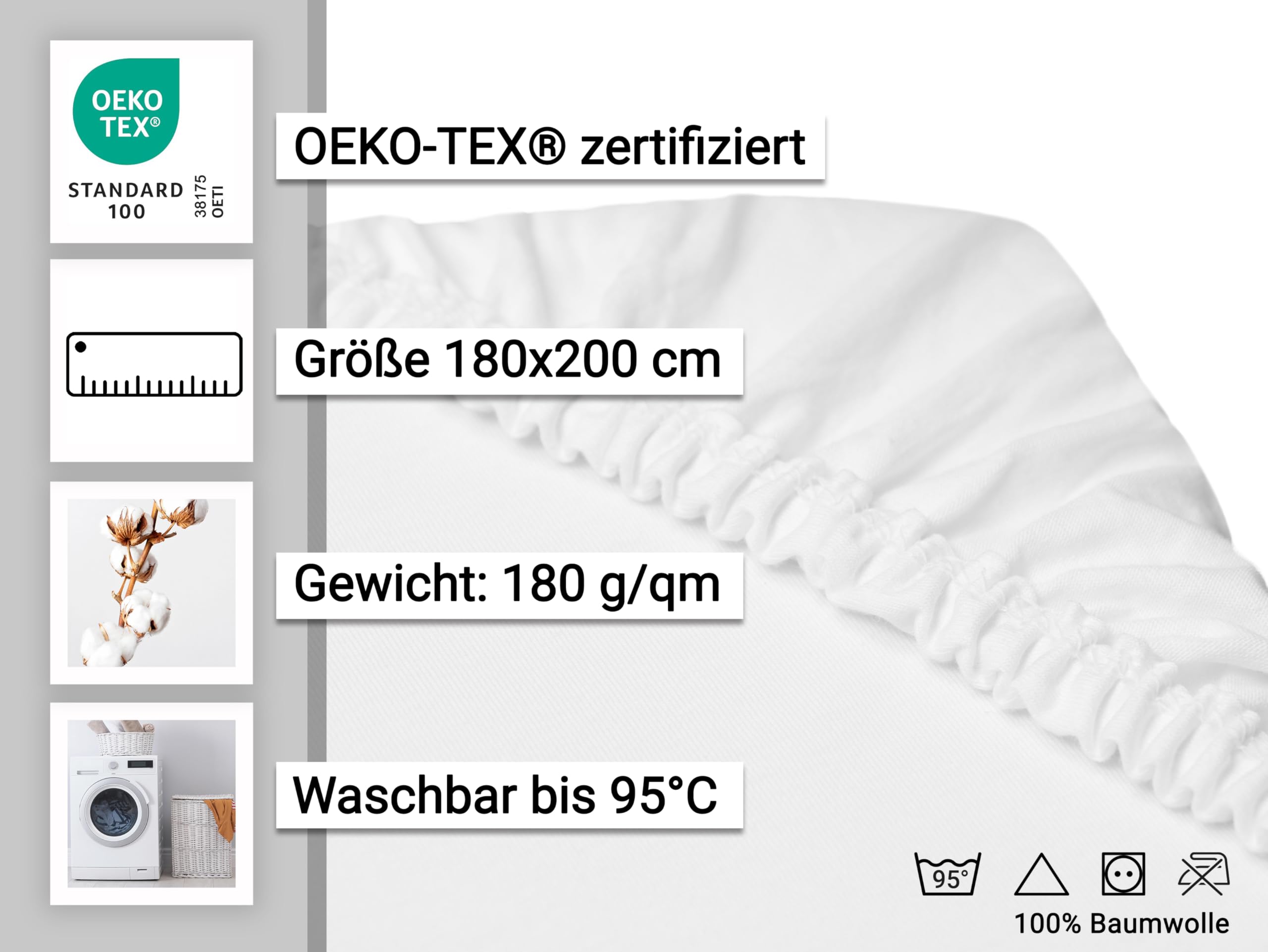 ZOLLNER Spannbettlaken in 180x200 cm - mit eingearbeitetem Gummibund - Baumwolle - waschbar bis 95°C - Hotelqualität - Oeko Tex® Zertifiziert