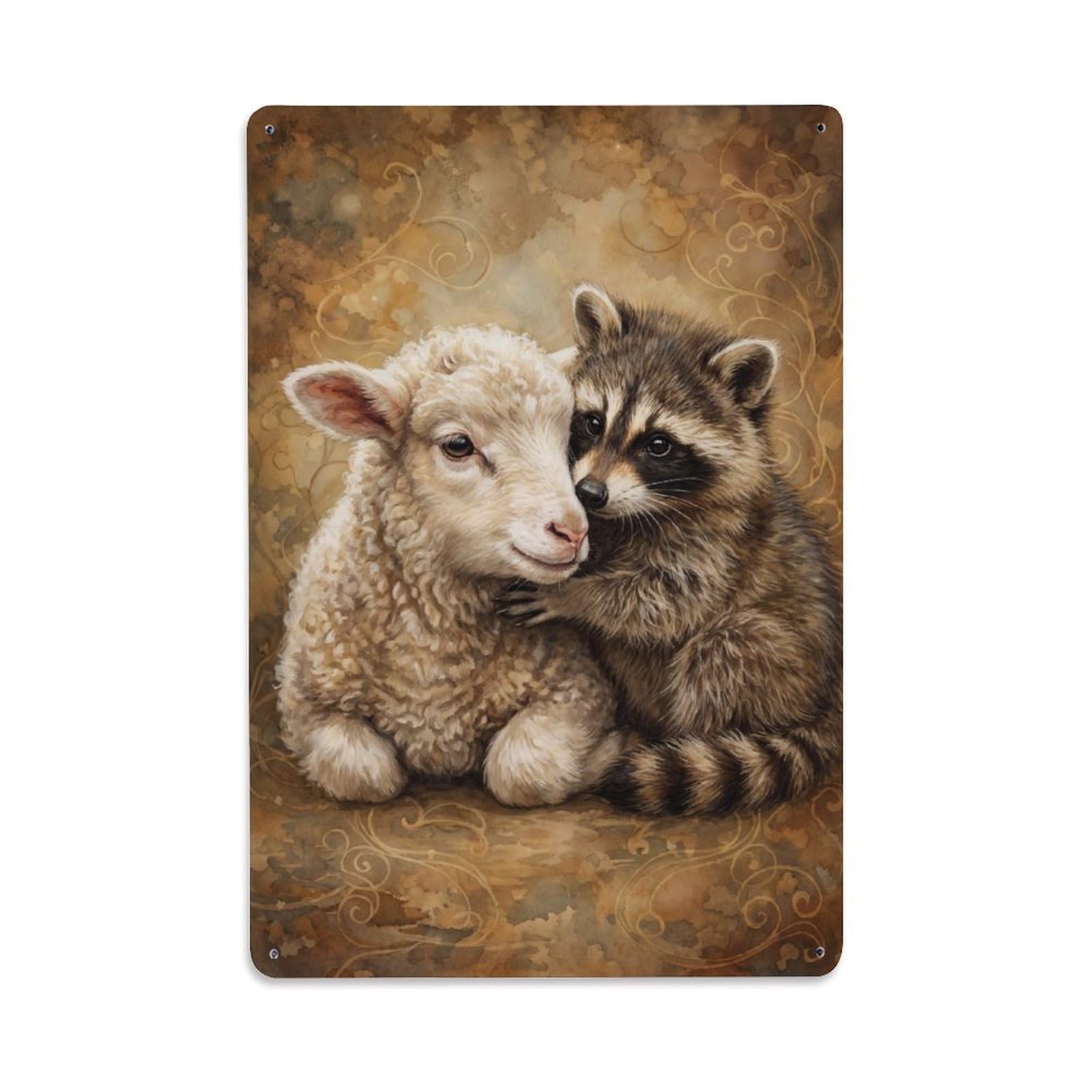 Metal Tin Sign Vintage Animal Cute Lamb & Raccoon Animal Friendship