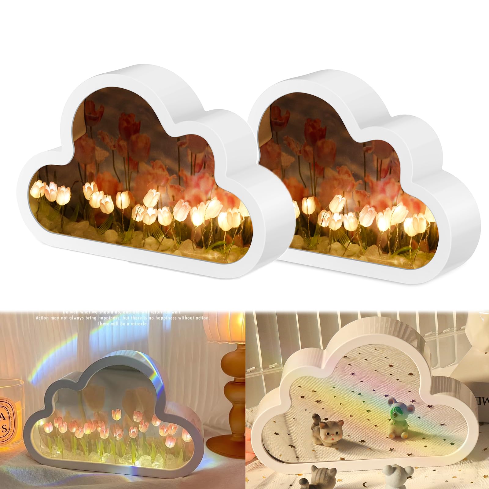 Cloud Mirror Tulips, 2pc DIY Tulip Night Light Cloud Tulip Mirror Night Light, Simulation Flower TableLamp 20 Flower Cloud Tulip Mirror Night Light