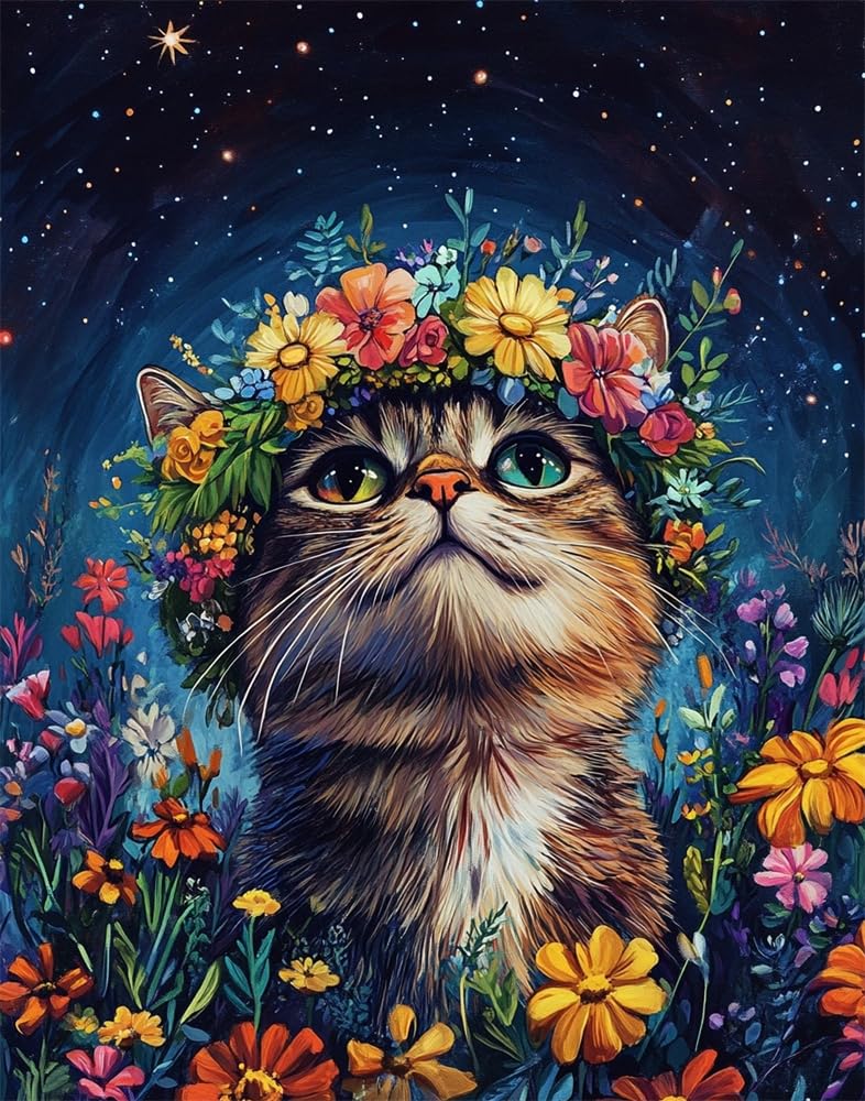 Henypt Cross Stitch Kit,Cat Wearing A Floral-Wreath Hat Easy Pre Printed Stamped Embroidery Stitch Kit for Adult Beginners, Embroidery Starter Advanced Easy Crossstitch Patterns Set Needlepoint