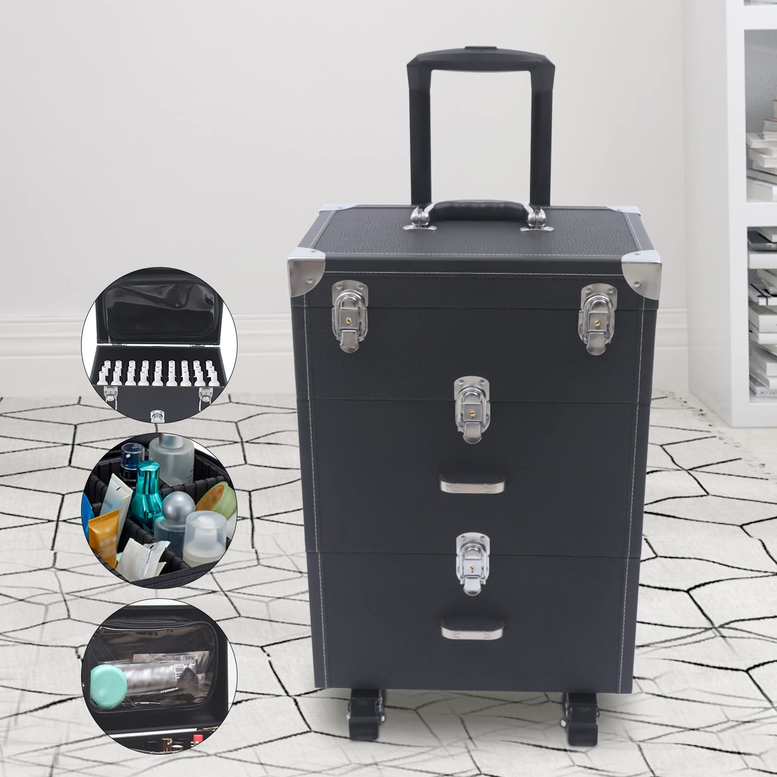 Carro de maquillaje, maletín con ruedas, organizador de esmalte de uñas, joyas de viaje, maletín de viaje cosmético con 4 ruedas, 03 piel sintética, maletín de maquillaje, adecuado para viajes