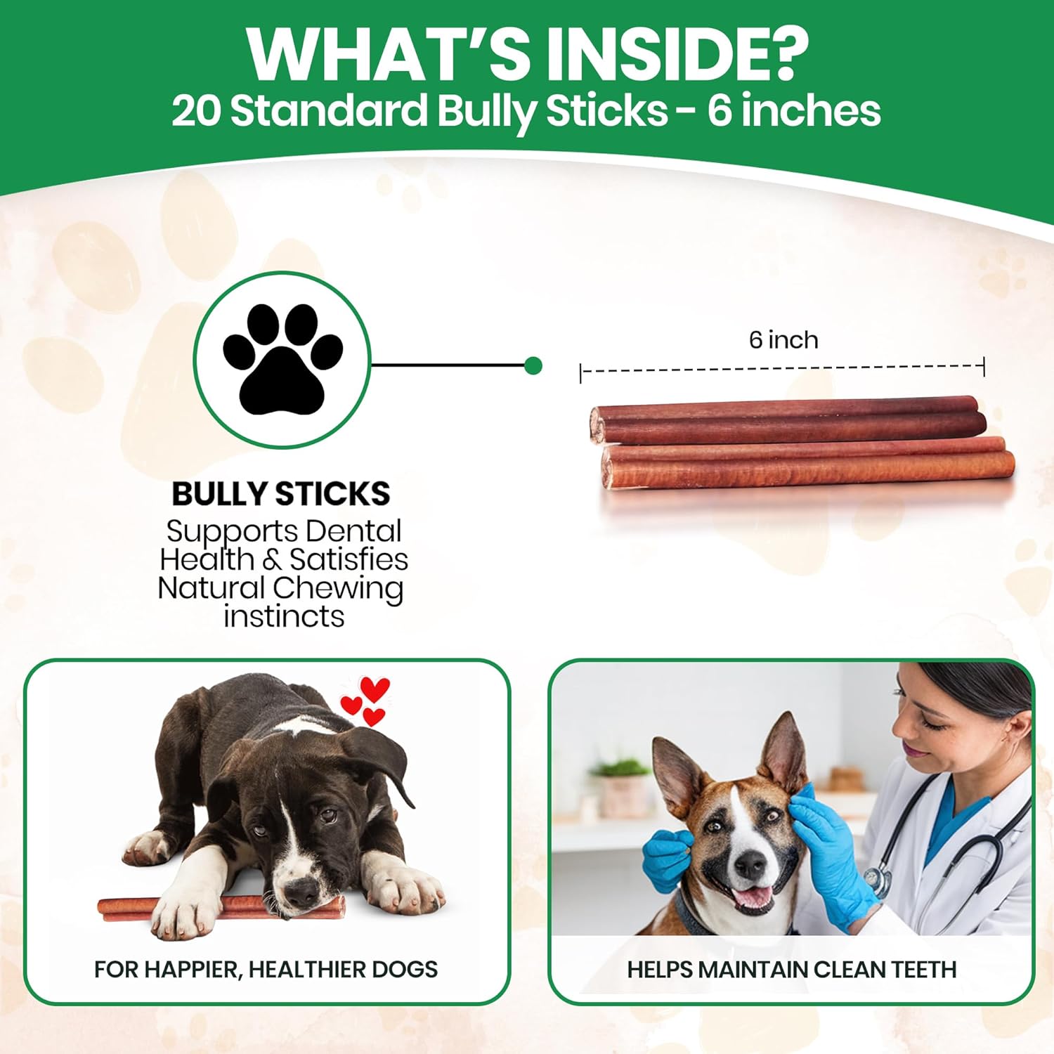Standard 6” Bully Sticks for Dogs - 20 Count - 100% Natural, Odor Free, High Protein, Grass-Fed Beef Pizzle Sticks for Dogs - Fully Digestible, Rawhide-Free Puppy Bully Sticks for Medium & Large Dog