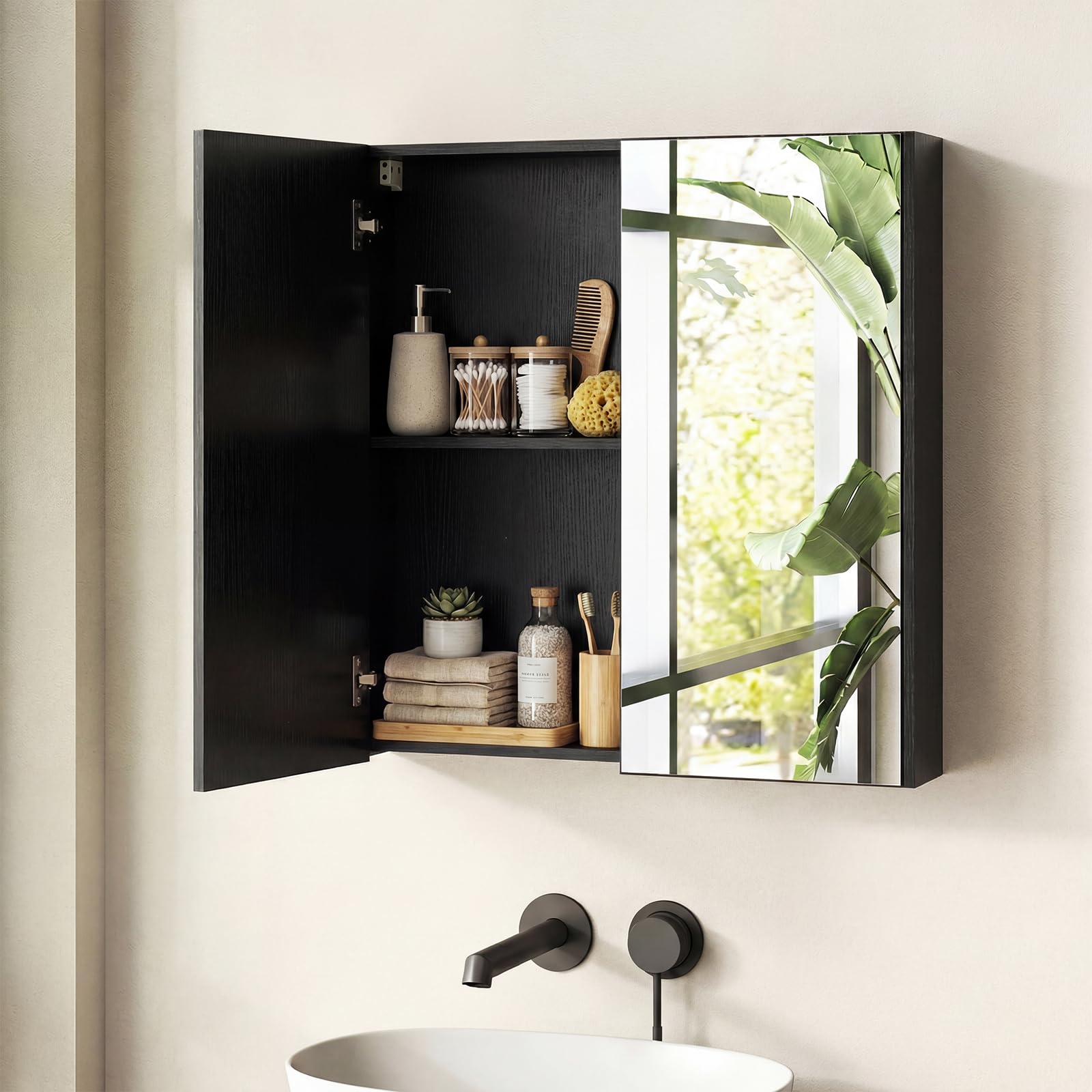 COSTWAY Armoire Murale Salle de Bain avec Miroir, 62 x 65 cm, Meuble Salle de Bain, Placard à 2 Niveaux, Installation en Saillie ou Encastrée, Gain de Place (Noir)