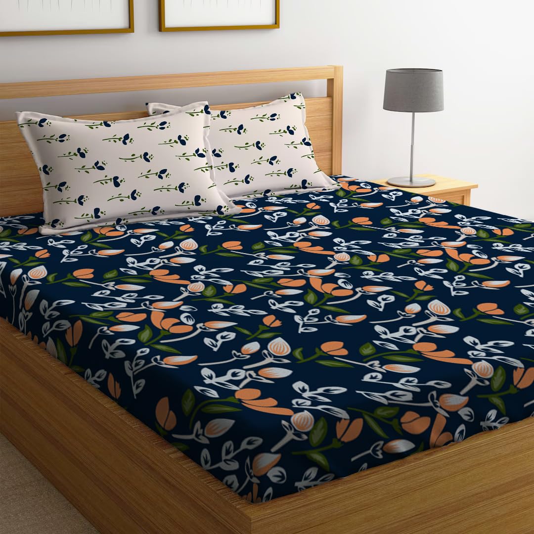 LOOMLYFE 300 TC Cotton Feel Glace Cotton Elastic Fitted Printed King Size Double Bed Bedsheet with 2 Pillow Covers Fits Upto 8 inches Mattress, Size- 72X78 Inches, NavyBlueLily