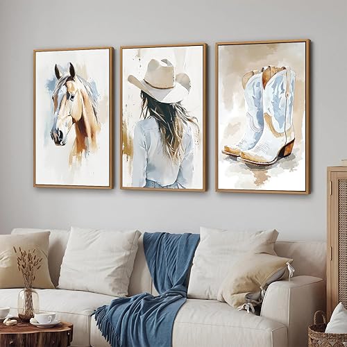 Miniatura 6 de YeeHomedec Juego de arte de pared en lienzo enmarcado de vaquera occidental, decoración de pared azul y blanco, impresión artística de botas de