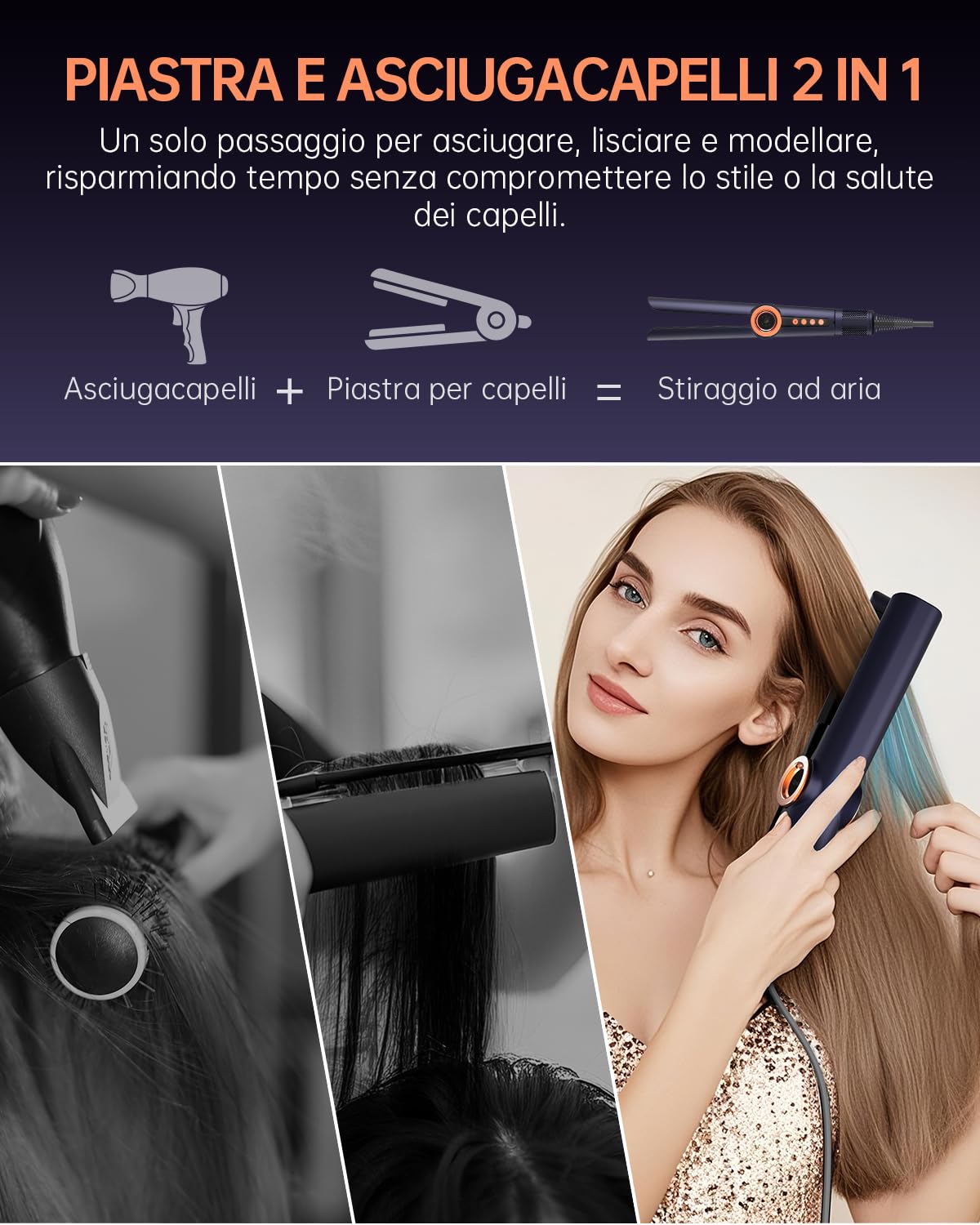 Air Piastra lisciante per capelli, 200 m, agli ioni di plasma, bagnata e asciutta, senza piastre riscaldanti, senza danni al calore, lisciatura con aria, piastra ad aria per acconciatura (Blu navy)