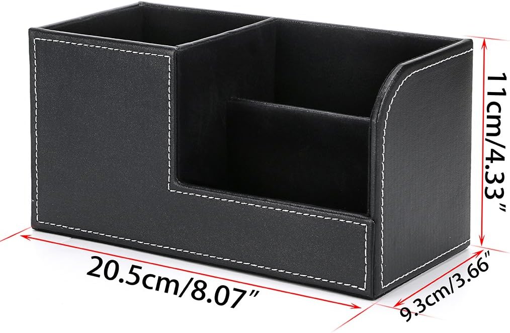 BTSKY PU Leather Desk Pen Pencil Holder- Multi-functional Desktop Organizer Storage Box Business Card Pen/Pencil Mobile Phone Remote Control Stationery Holder Home Office Table Top Organization Decor(black)