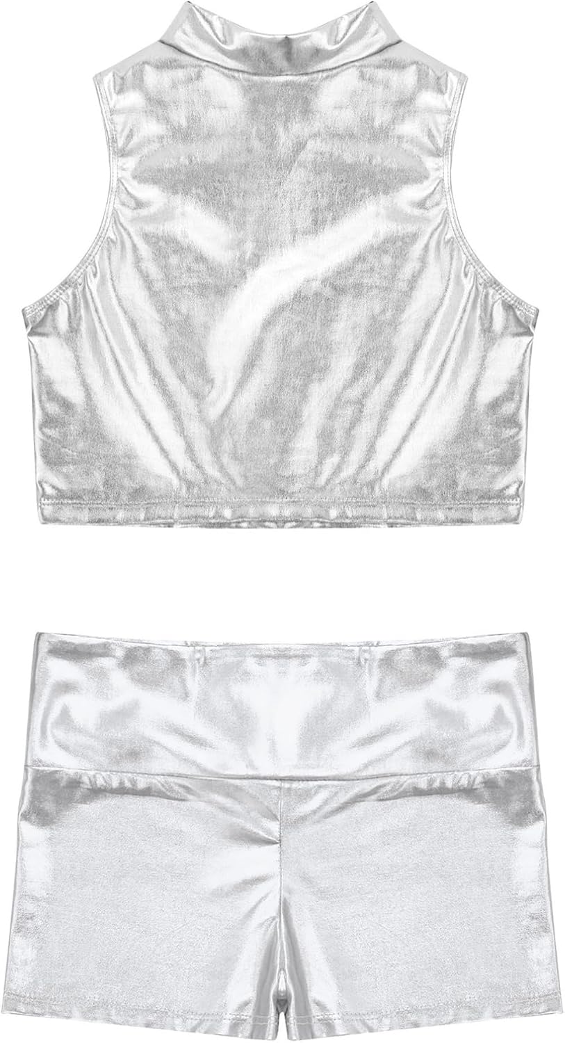 Yhong Kids Girls 2Piece Dance Athletic Tracksuit Metallic Sleeveless Mock Neck Crop Top Vest and Shiny Boy Shorts Set
