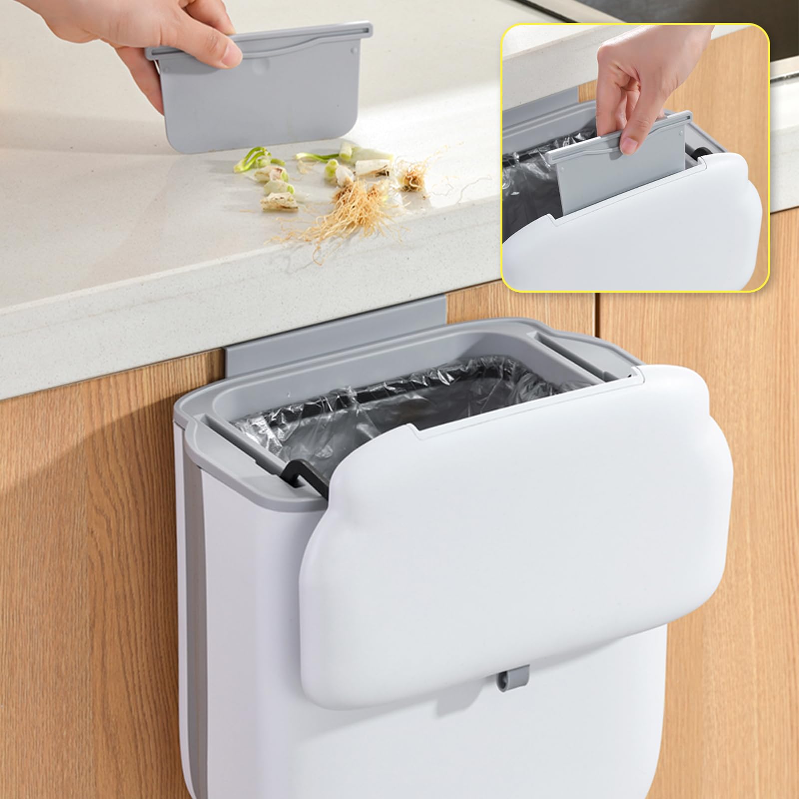Soddeph Zusammenklappbarer Mülleimer mit Deckel zum Aufhängen, Küchenabfalleimer, Wandmontage, Kunststoff-Mülleimer für Theke, unter Spüle, Wohnmobil (beige mit Deckel)