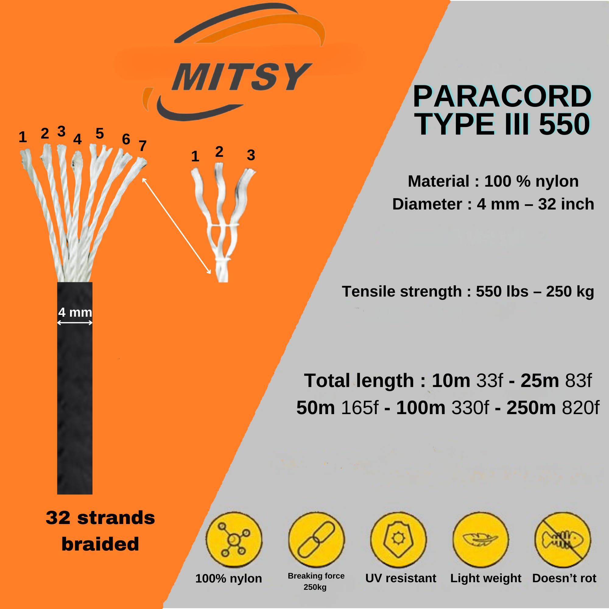 MITSY Paracord largo 4 mm 25 metri giallo sopravvivenza paracadute corda attrezzatura outdoor campeggio