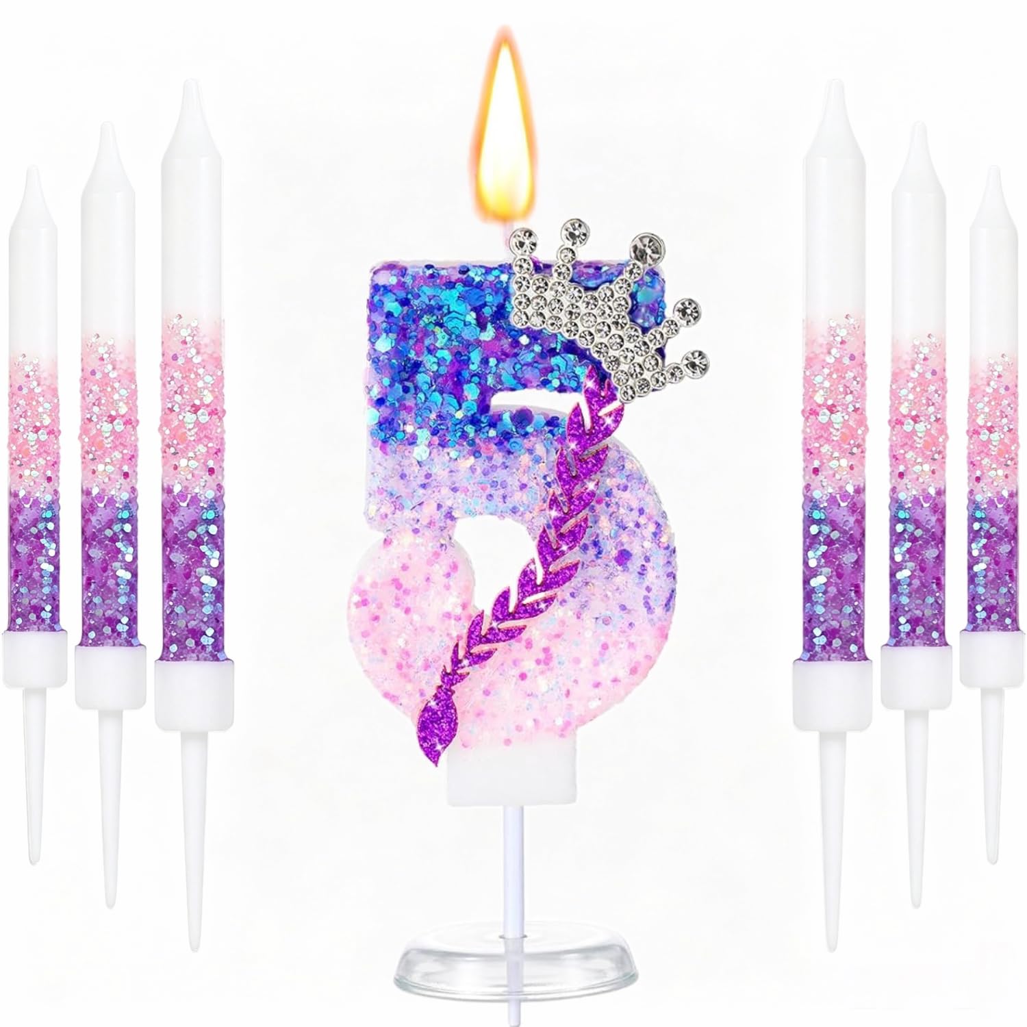 K pop 5th Birthday Candle, Purple Pink Number 5 Candle with 6 Pcs Long Candles for Girls Cake Topper Cupcake Decor Party Decoration Anniversary Celebrations Supplies (Age-5)