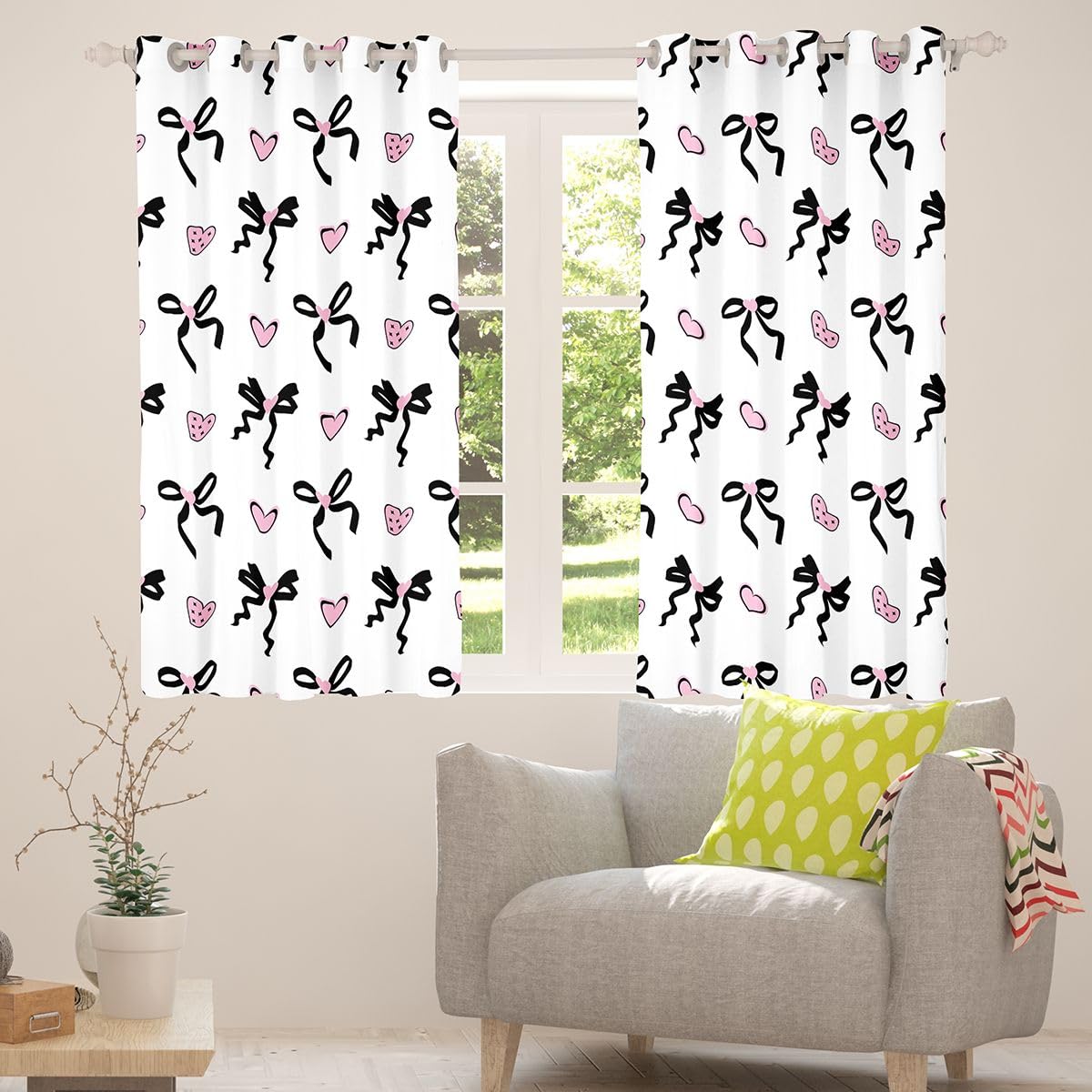 Homewish Kokarda księżniczki czarno-różowe urocze zasłony okienne 168 x 183 cm, 2 zestawy paneli – miłosne serca zasłony zaciemniające kokarda kawaii zasłony okienne marzycielskie do sypialni
