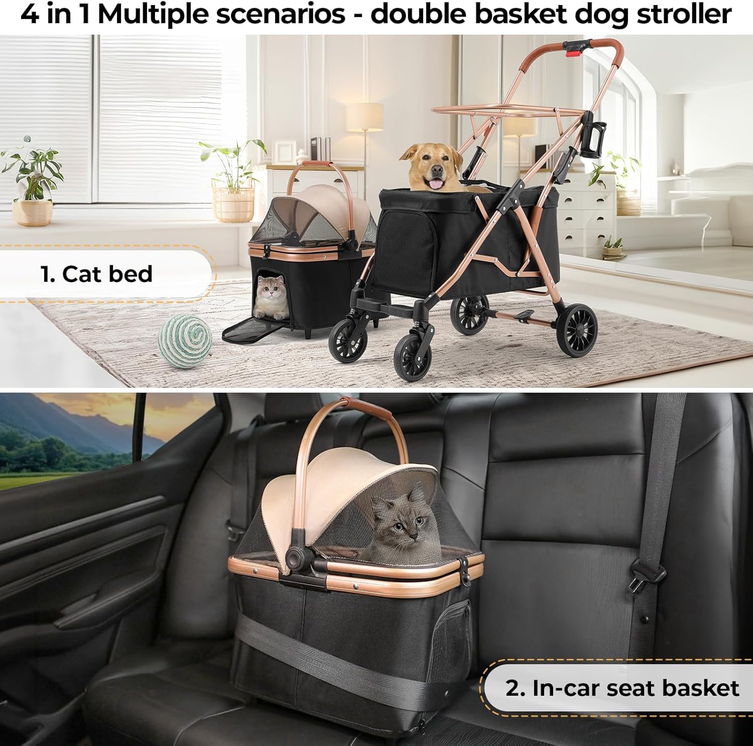 MAMIZO Cochecito para Mascotas 2 Niveles, Plegable Carrito para Mascotas de Hasta 15 kg, Carrito de 2 Niveles para Perros Gatos con Ventanas de Malla Portavasos y 4 PCS Ruedas PU, Negro