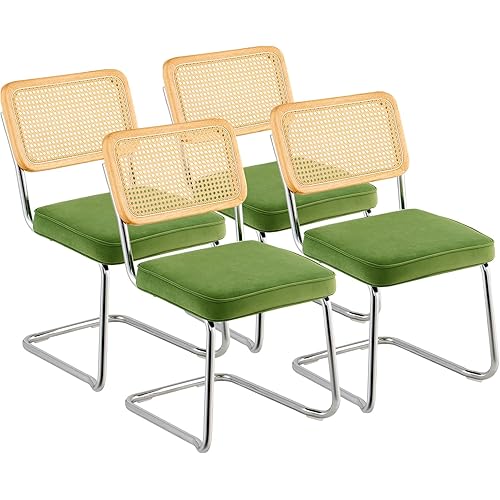 VEVOR Rattan Dining Chairs Set of 4, Mid Century Modern Dining Chair, Upholstered Velvet Accent Chair with Rattan Back, Retro Dining Room Kitchen Chair for Living Room, Bedroom (18.1 Inch)